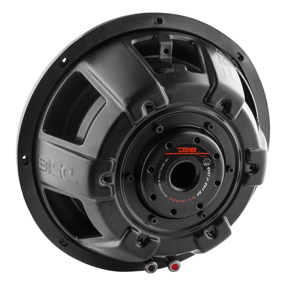 DS18 PSW10.4S - Subwoofer de montaje poco profundo de 10 pulgadas, 1000 W, potencia máxima de 500 W, bobina de voz única RMS, resistente al agua, 4 OHMS - El mejor sub para espacios reducidos en coches y camiones - 1 altavoz