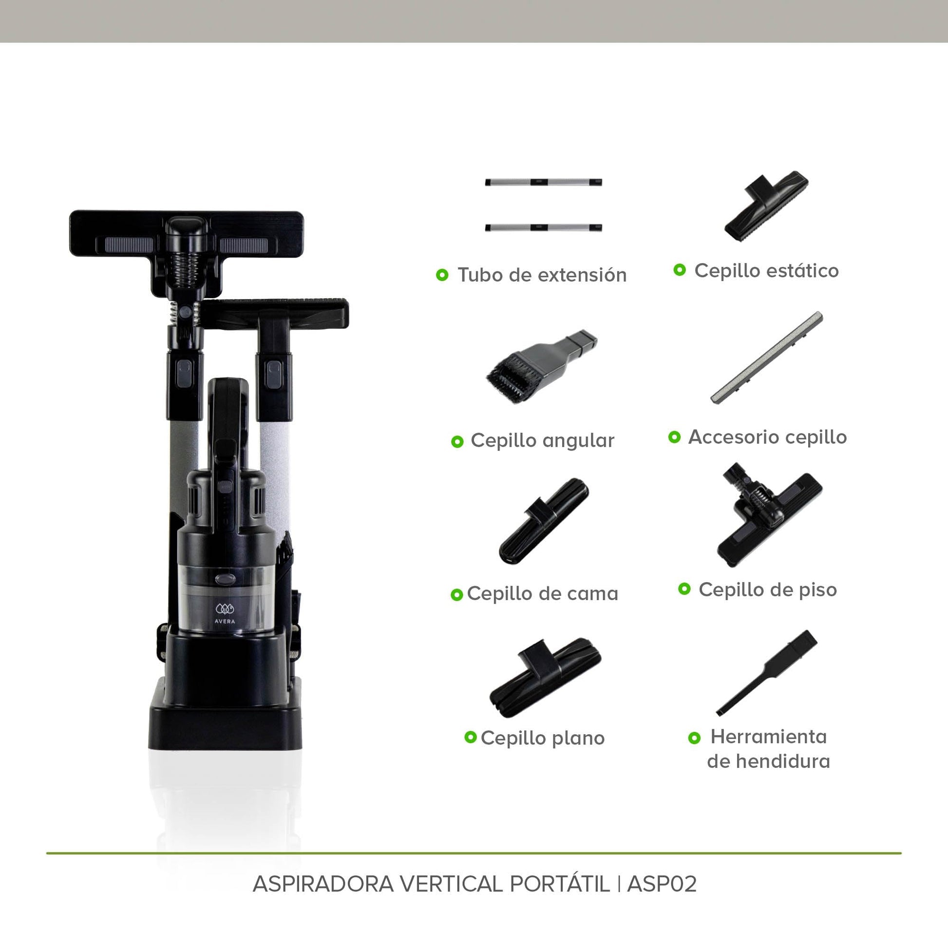 Aspiradora Vertical Inalambrica 3 en 1, Sistema Pro Cyclone, Bateria 2000 mAh, con Filtro de Acero Inoxidable Lavable, Sin Filtros, Incluye 6 cepillos | AVERA ASP02