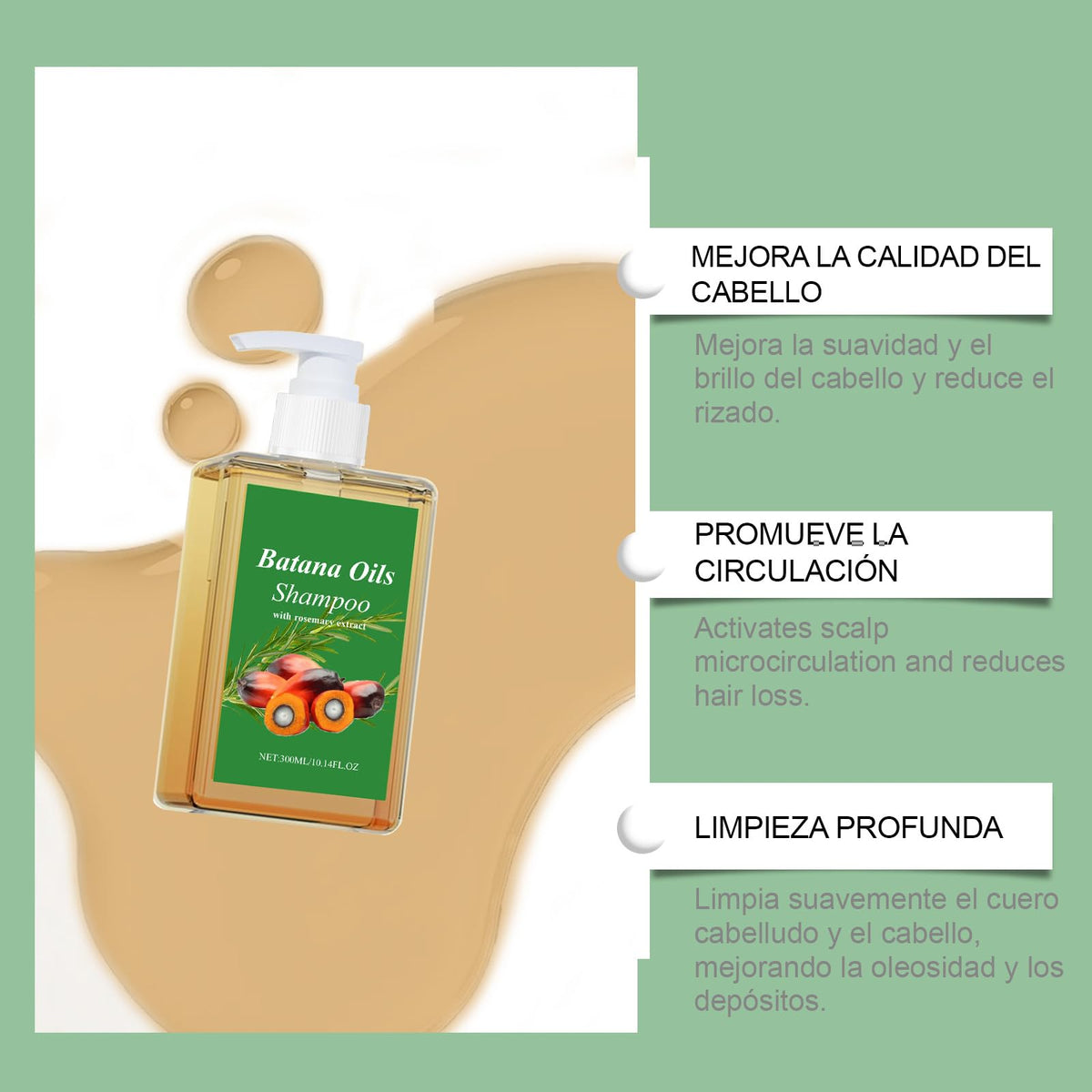 Champú Batana con Extracto de Romero 300ML para Cabello Suave y Esponjoso Adecuado para Hombres y Mujeres