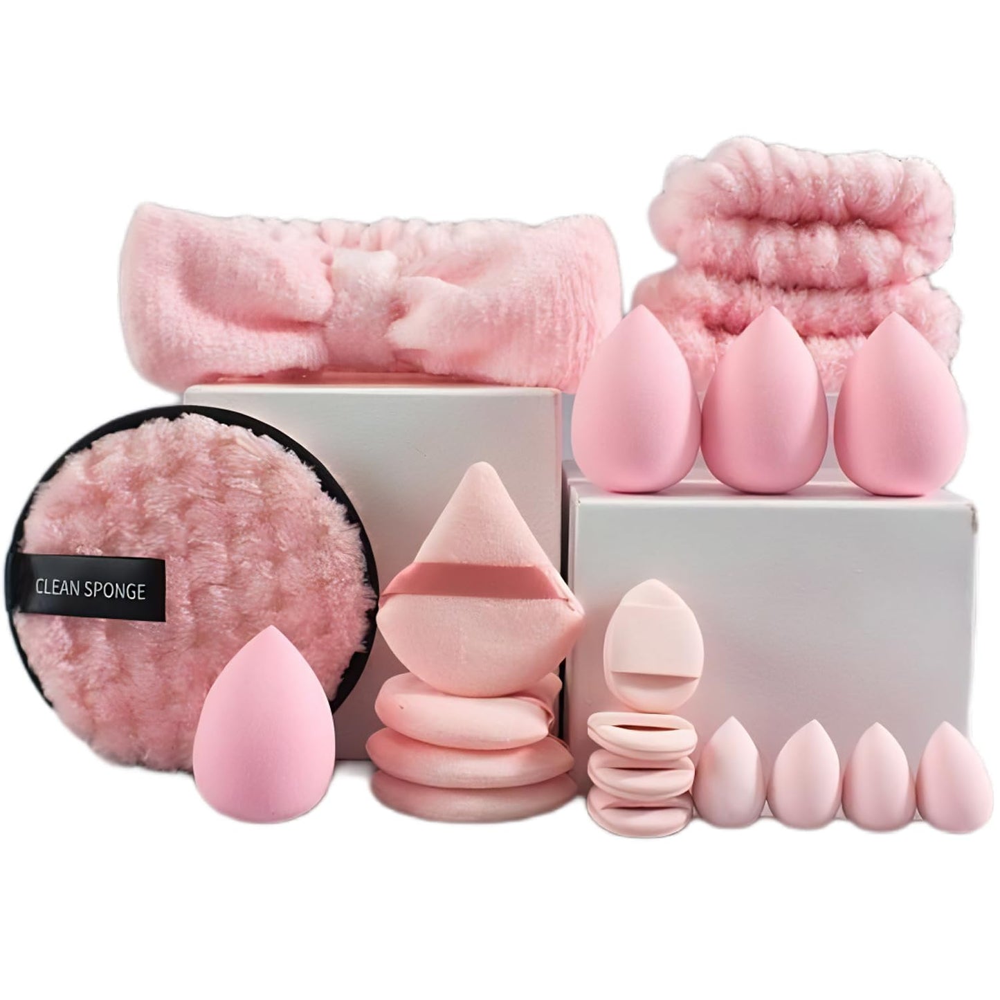 suniya Set de diadema y pulsera para spa, limpiador facial, esponjas de maquillaje, esponjas triangulares suaves, borlas para polvos, regalos para mujeres y adolescentes (rosa)