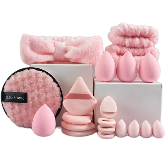suniya Set de diadema y pulsera para spa, limpiador facial, esponjas de maquillaje, esponjas triangulares suaves, borlas para polvos, regalos para mujeres y adolescentes (rosa)
