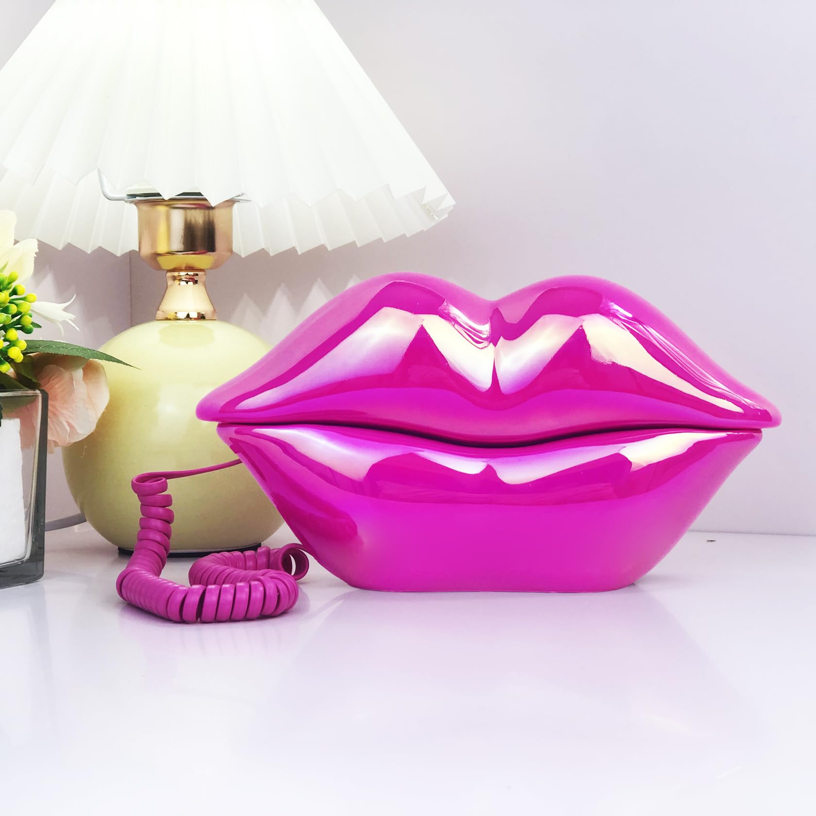 TelPal - Teléfonos fijos con cable para el hogar, divertido regalo de teléfono labial, con boca, con cable, teléfono fijo real, hogar, oficina, teléfono, decoración de muebles (rosa)