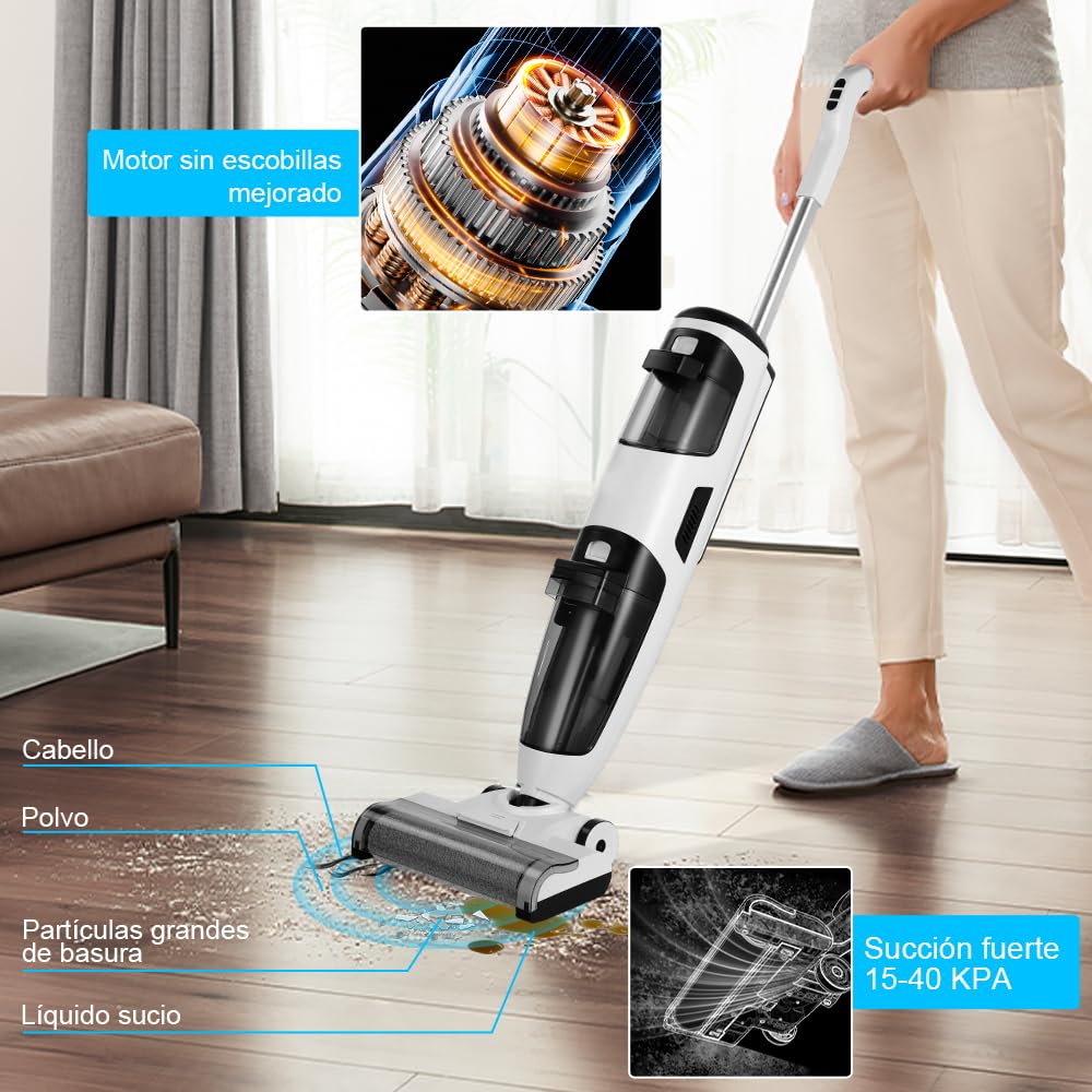 KOZFULE Aspiradoras en Seco y Húmedo 40KPa, con Sistema de Autolimpieza y Pantalla Táctil, 3 en 1 Mopa y Aspiradora Inalámbrica, 2 Niveles Ajustables, para Limpieza de Madera Dura, Azulejos, Mármol