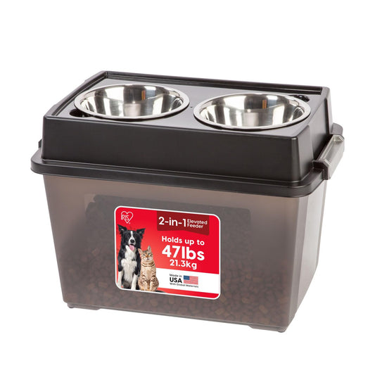 Comedero Elevado Grande IRIS USA Humo Negro con Contenedor Hermético y Tazones Removibles para Mascotas