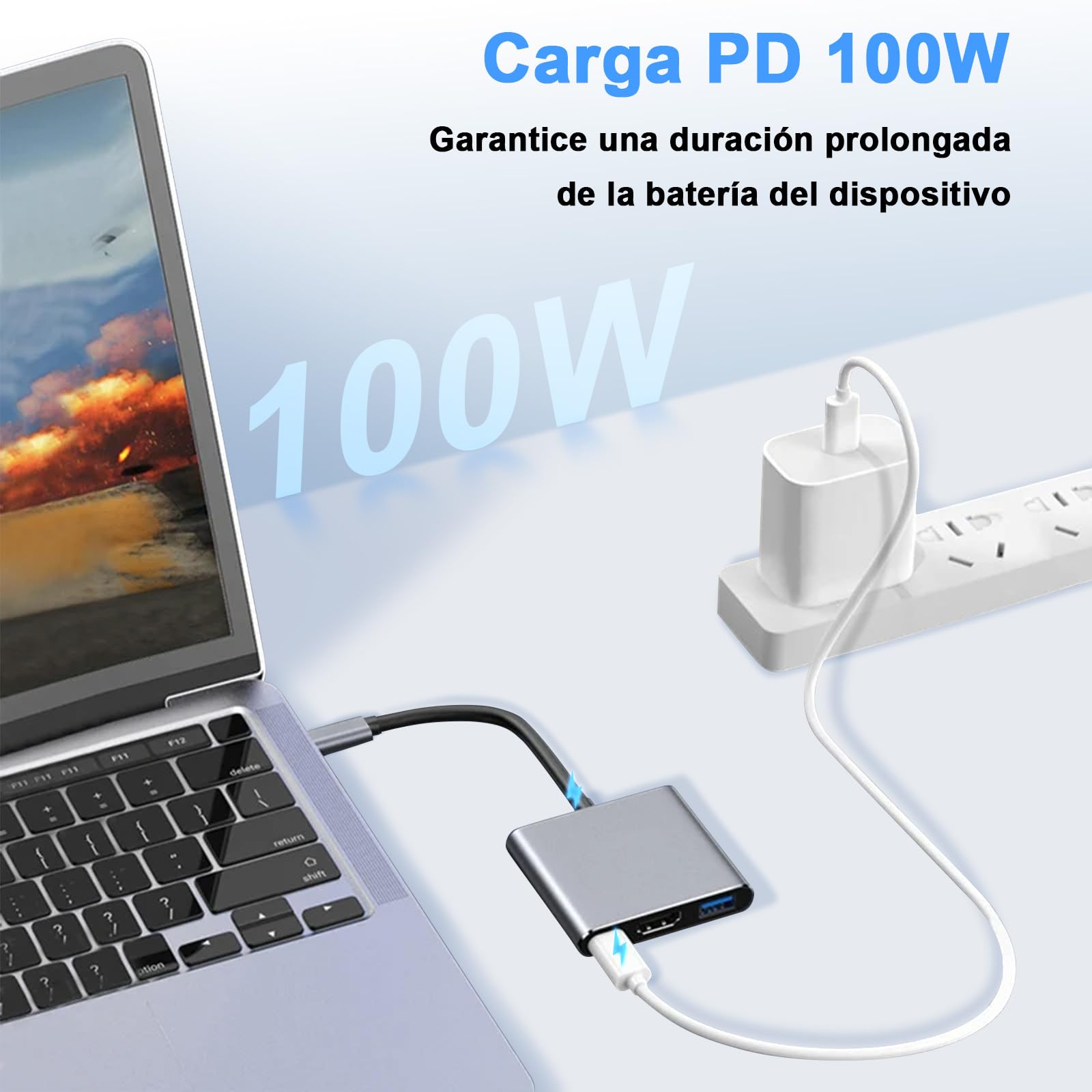 Adaptador USB C a HDMI Soralek 4K con Hub USB C 100W PD en Gris para MacBook, iPad y Tablets