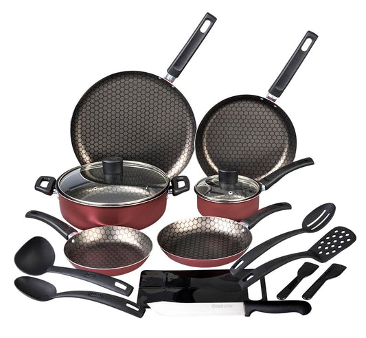 Cinsa Bateria de cocina Esencial Equipa tu cocina 16 piezas, aluminio con antiadherente thermocell, tapas de vidrio templado, cuchillos, utensilios, Rojo (16 piezas)