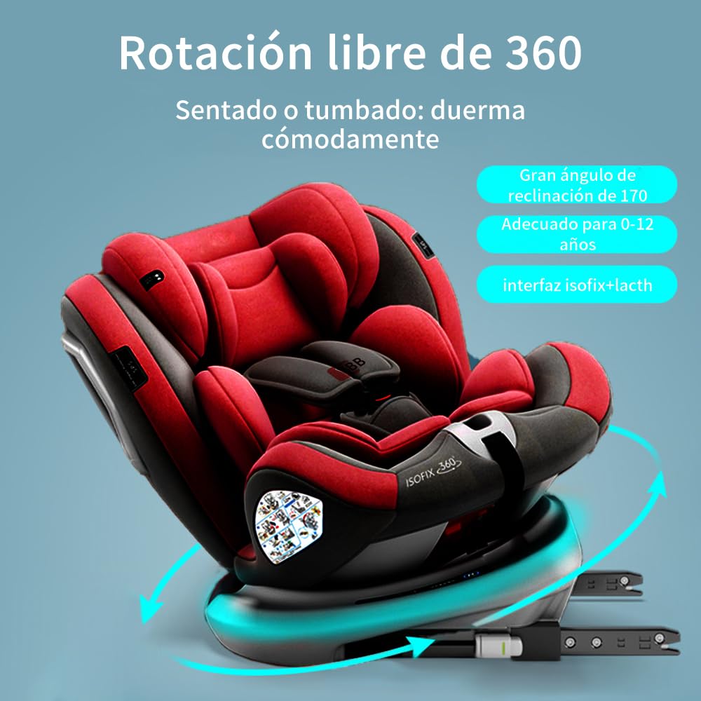 FINYQBET Autoasientos para Bebé, Asiento para Bebé Carro 3 en 1,Crecimiento Sostenible, Seguro y con Rotación 360°,Arnés de Cinco Puntos y Protección Biónica rojo