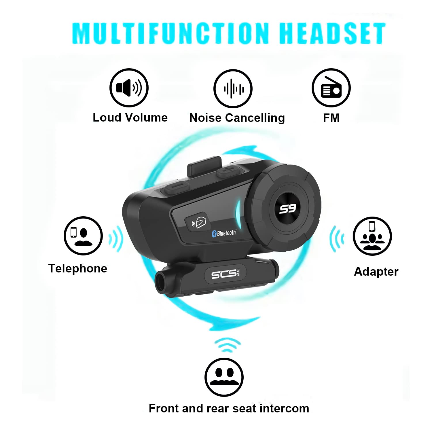 SCSETC S-9 - Casco de motocicleta con Bluetooth de 2000 m, 6 rider intercomunicador, Bluetooth con cancelación de ruido CVC, IP65 impermeable, manos libres/control de voz
