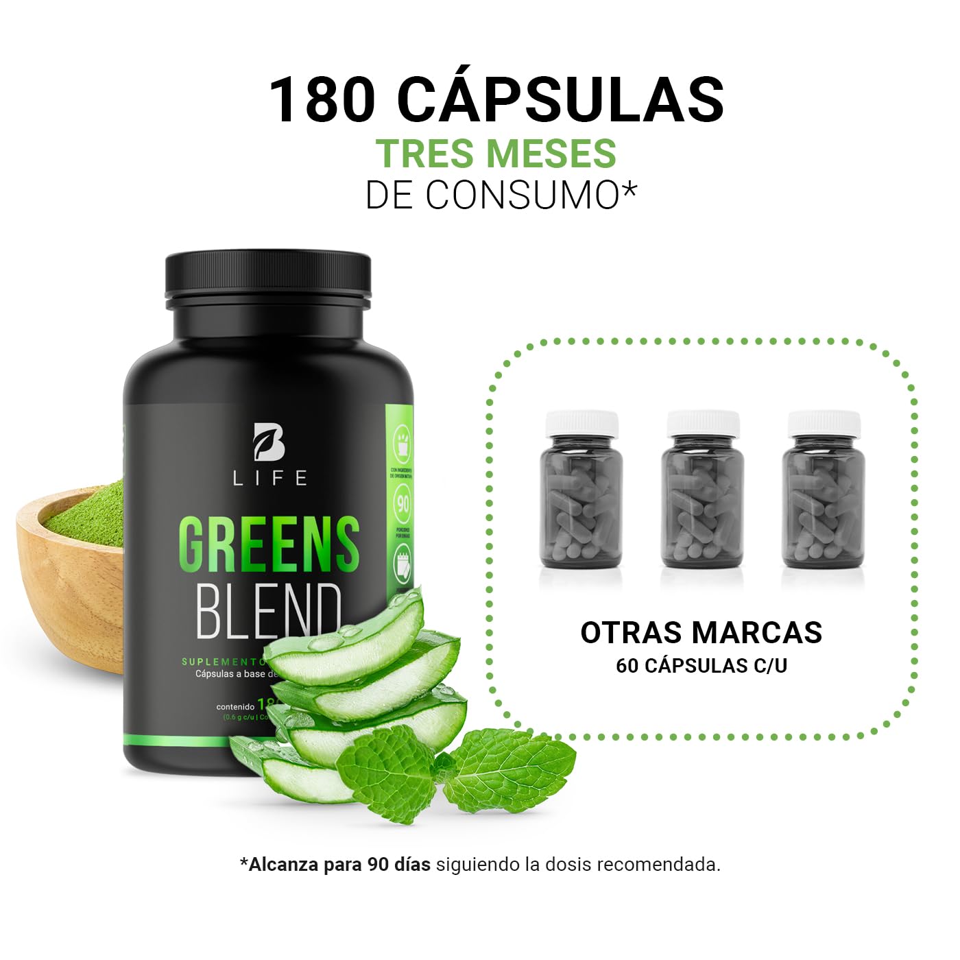 Greens Blend 180 Cápsulas. Ingredientes naturales: Espirulina, Moringa, Weathgrass Clorela, Matcha y Aloe Vera Mezcla Herbal. Greens Blend B Life.