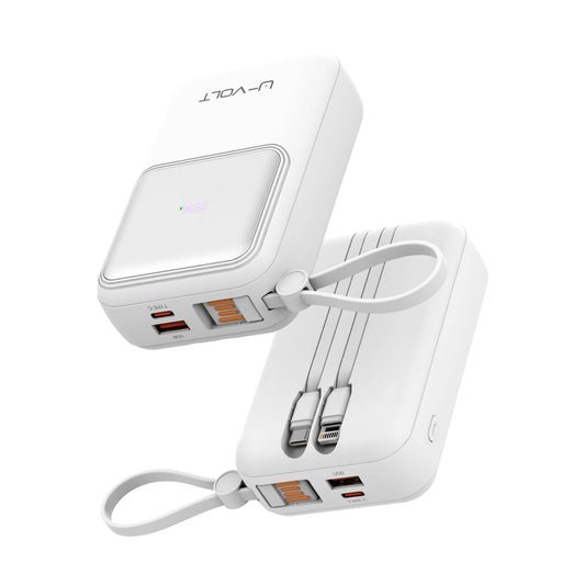CELULARTE Power Bank U-Volt 20,000 mAh con Cables Integrados, Carga Rápida 22.5W, Batería Portátil con Pantalla Digital para iPhone, Samsung, Xiaomi, iPad y Más (Blanco)