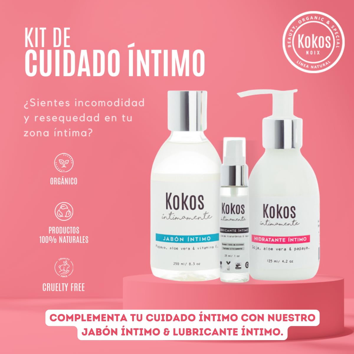 KOKOS Organic, Hidratante Vaginal, Alivia resequedad y sensibilidad en la zona íntima, Protege la zona vulvar, No contiene químicos, Contenido 120 ml.