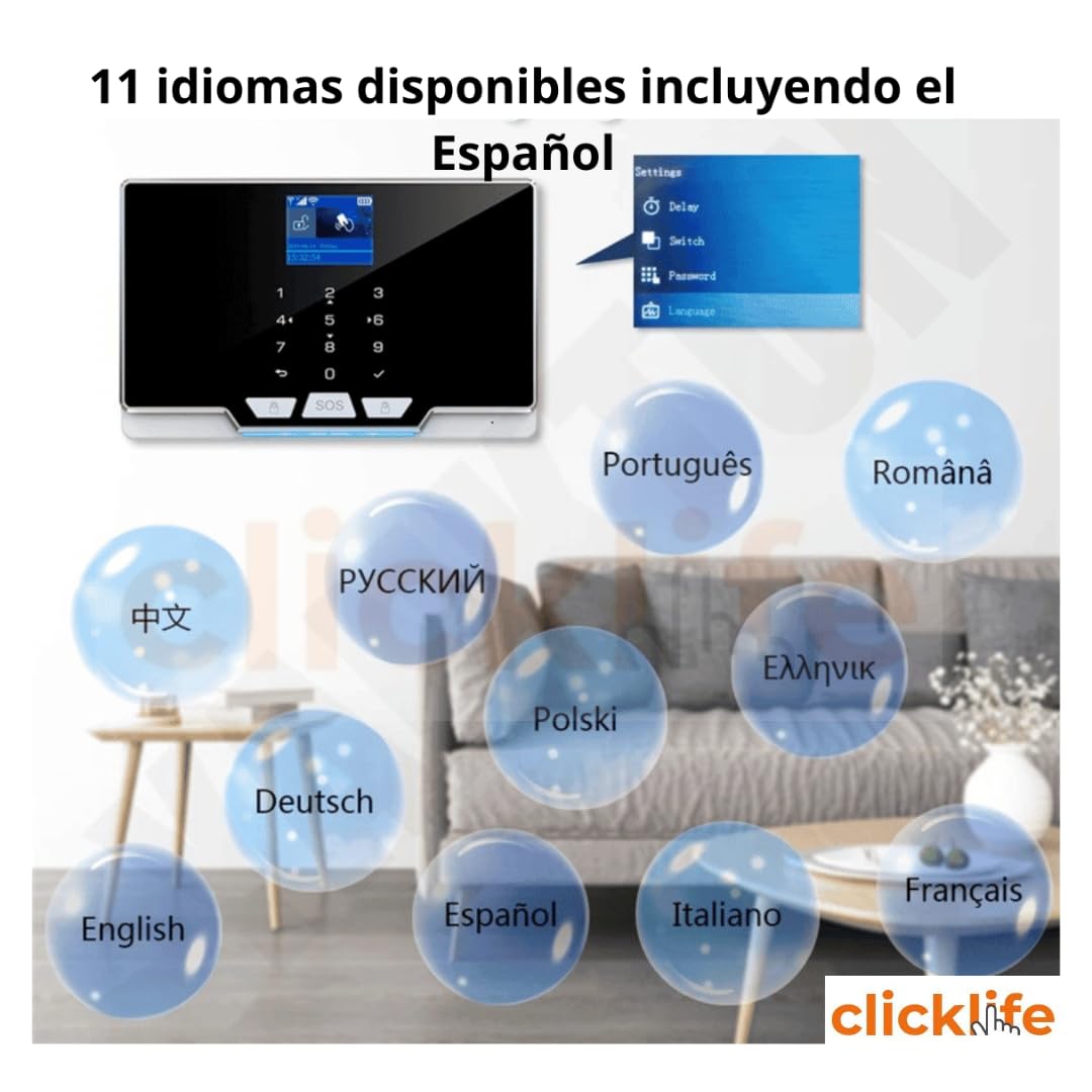 Clicklife Alarma Casa Negocio gsm Chip Celular WiFi Inalámbrica Kit6 Sirena de 30 Watts. con 6 sensores inalámbricos de 3 Movimientos y 3 de Puertas. Dos Variantes: WiFi o Cableada.