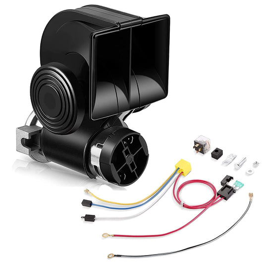 HK Bocina de aire de tren con compresor, 12 V 150 dB, bocina eléctrica de caracol con relé automotriz y arnés de cableado para cualquier vehículo de 12 V, camión, motocicleta, color negro