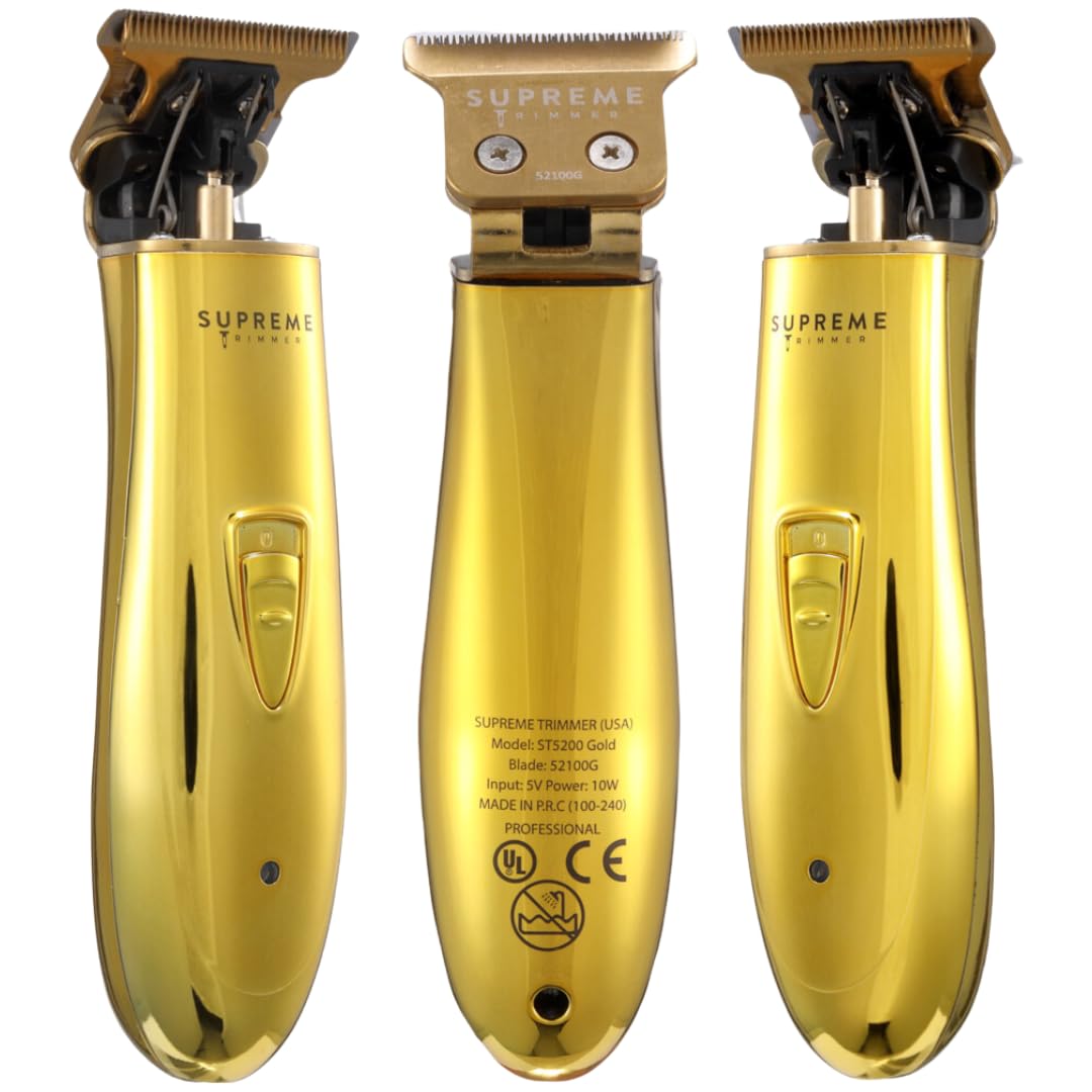 Supreme Trimmer Recortadora para hombres profesional, cortapelos, barba, bigote, patillas, viaje inalámbrica, LED, USB, dorado cromado, T-Shaper Li