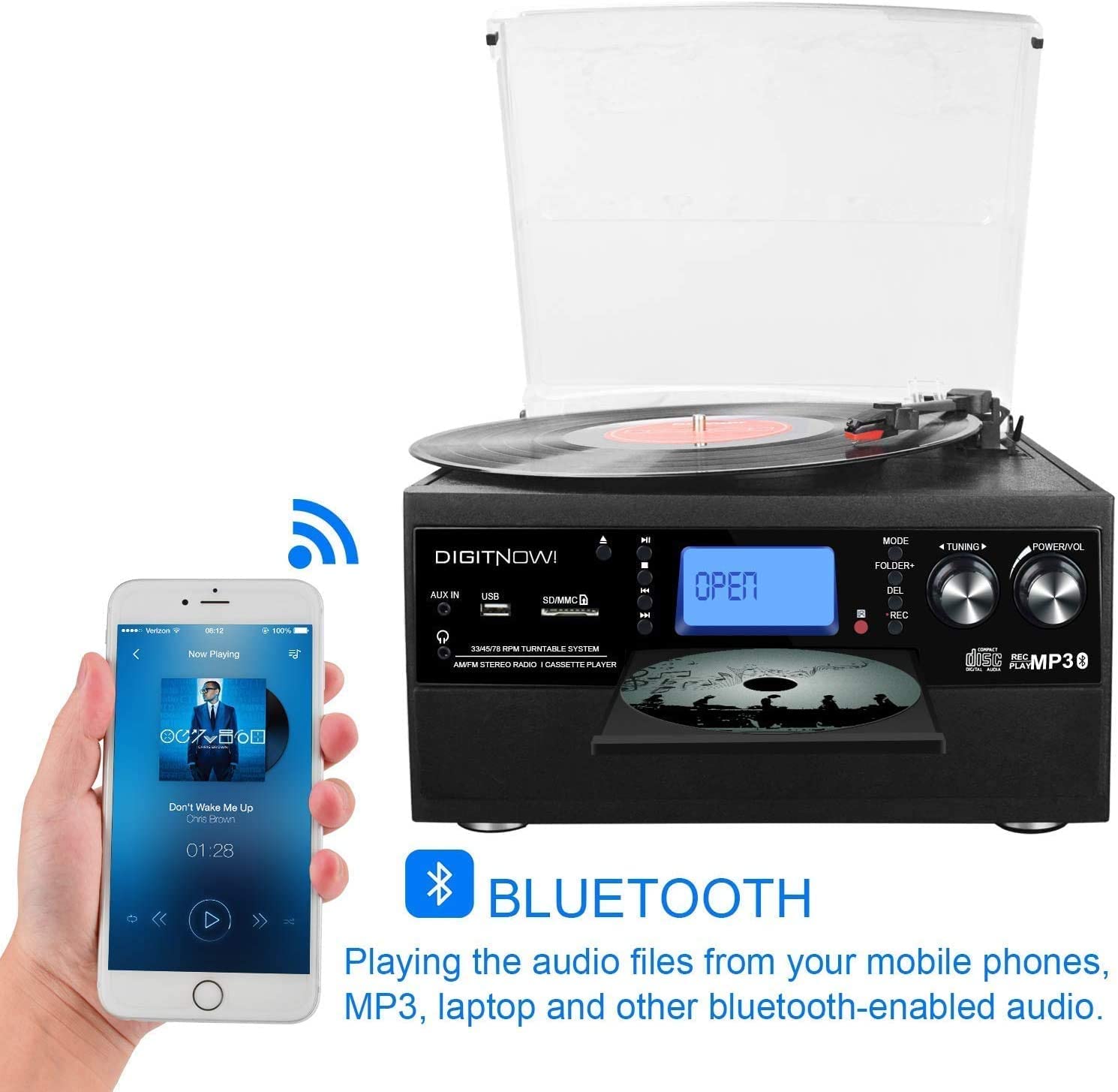 DIGITNOW - Tocadiscos Bluetooth con altavoz estéreo, convertidor de vinilo LP a MP3 con CD, casete, radio, entrada auxiliar y codificación USB/SD, control remoto, reproductor de música de audio
