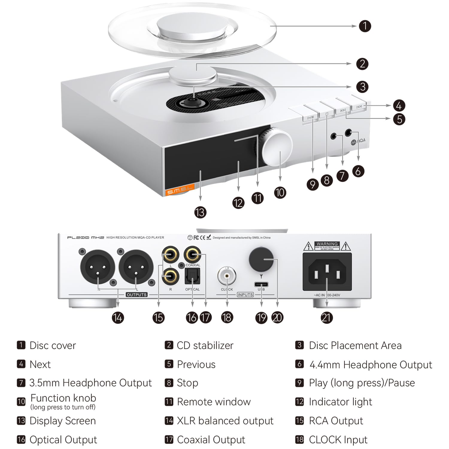 SMSL PL200 MK2 MQA-CD Player, reproductor de CD todo en uno, DAC y HP AMP, chip DAC de alta gama ES9039Q2M, transmisor Bluetooth, reproducción perfecta, 32 bits/768 kHz DSD512, entrada USB/BT/CD