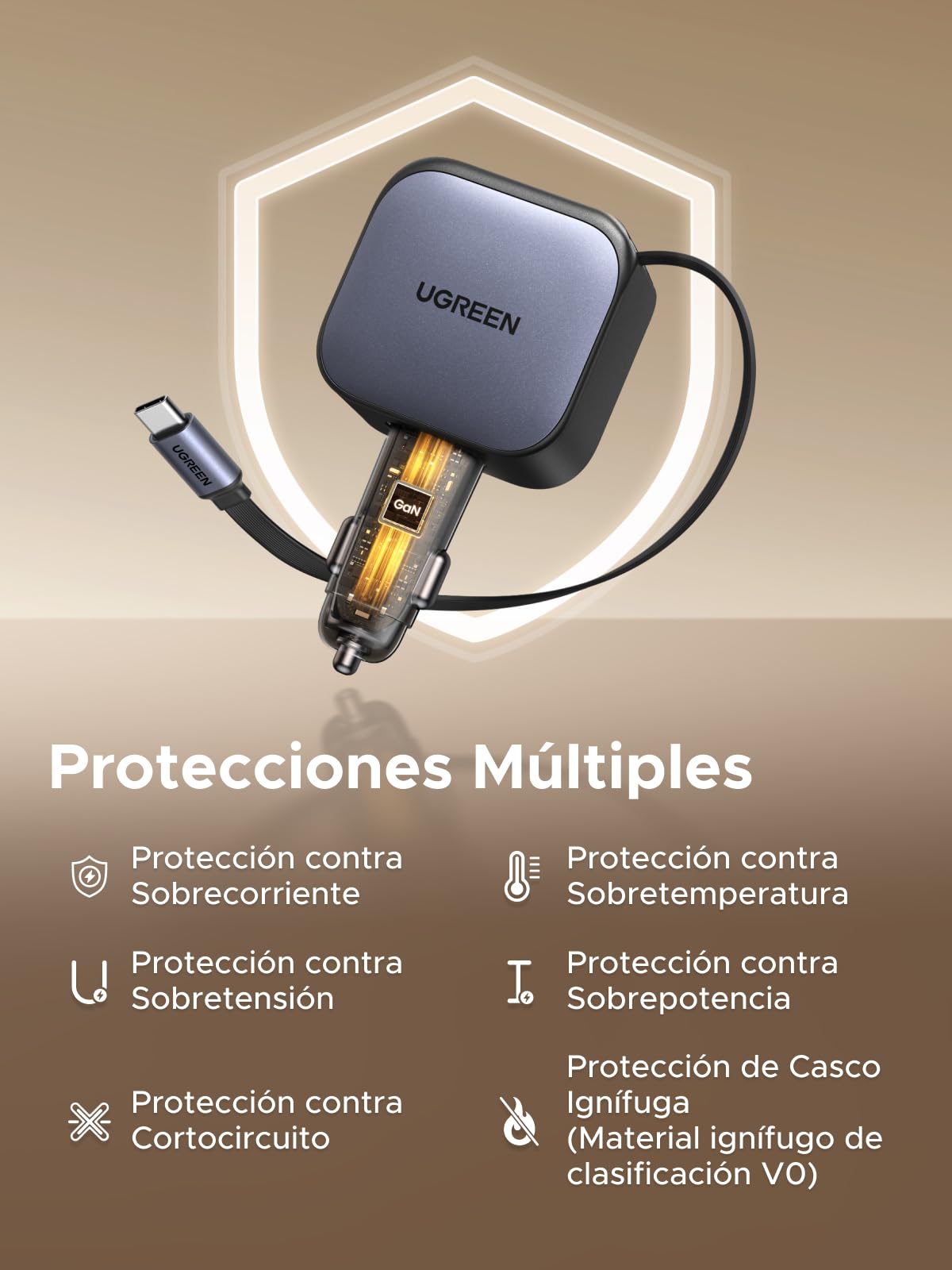 Cargador para Auto UGREEN Negro 3 en 1 60W Carga Rápida con Cable Retráctil USB C