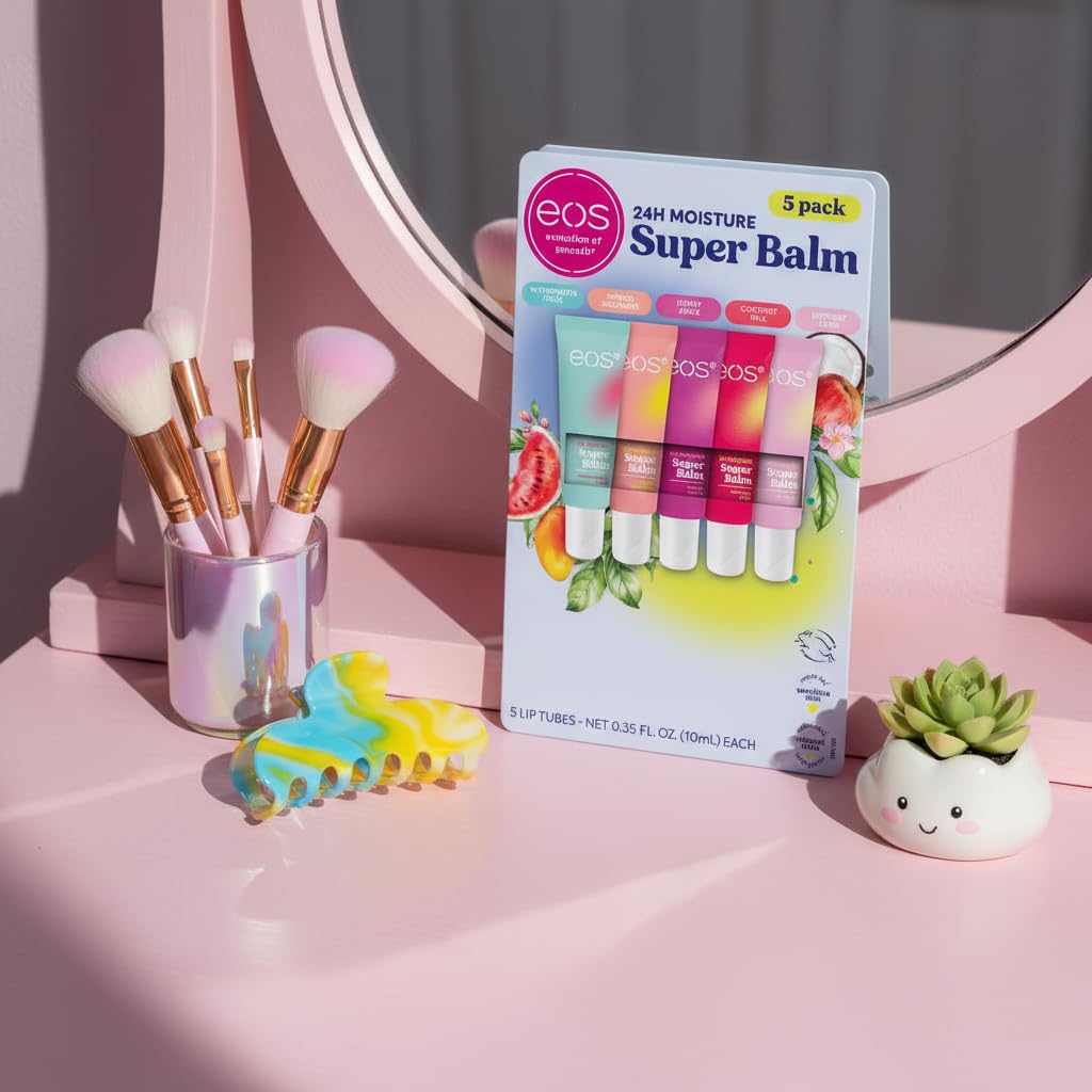 eos Super Lip Balm 24h Moisture, 5 Lip Tubes 10 ml c/u, bálsamo humectante para labios, 5 diferentes aromas