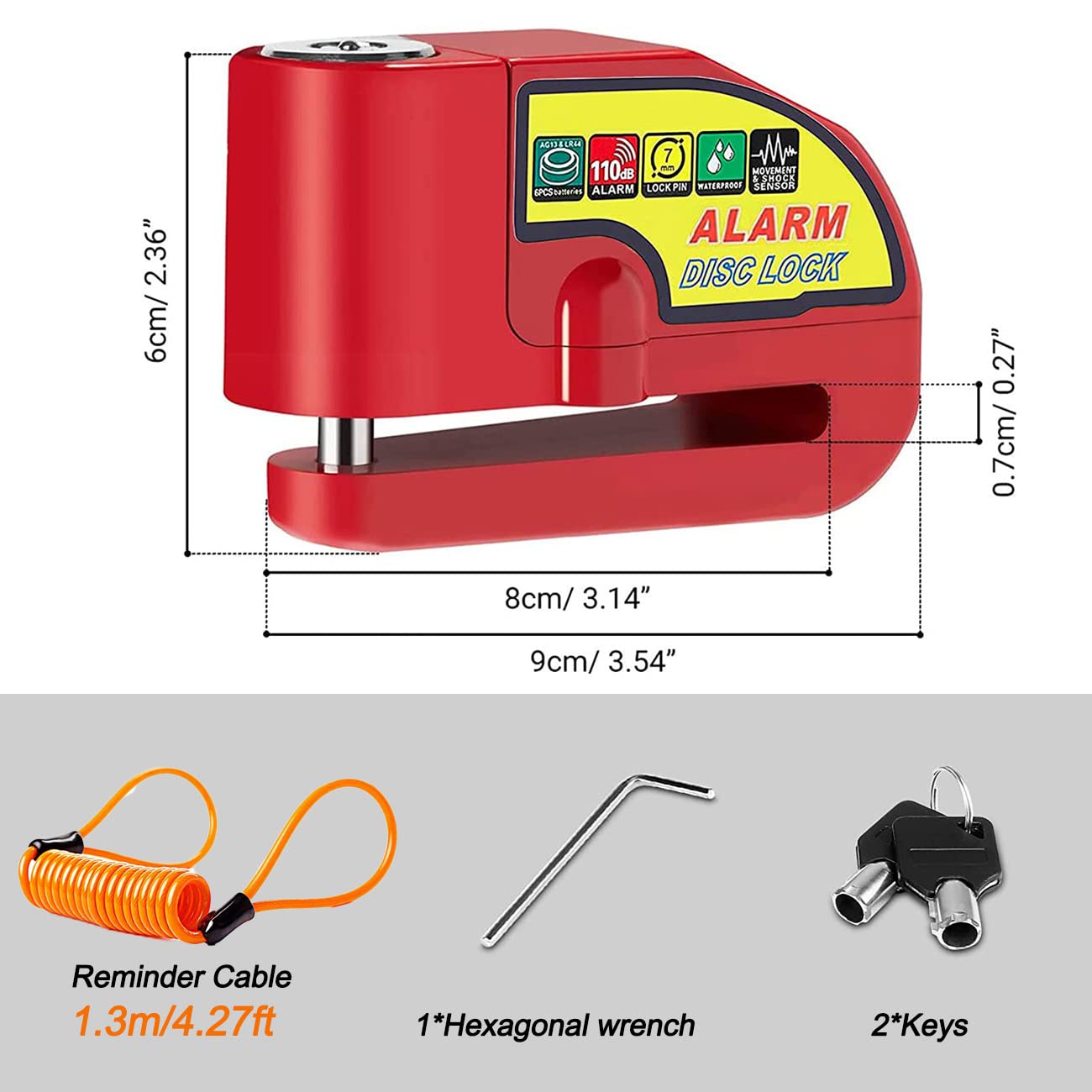 Alarma de Freno de Disco Impermeable de Seguridad para Motocicleta Scooter Rojo con Sonido de 110dB y Cable de Alerta de 4,3 Pies