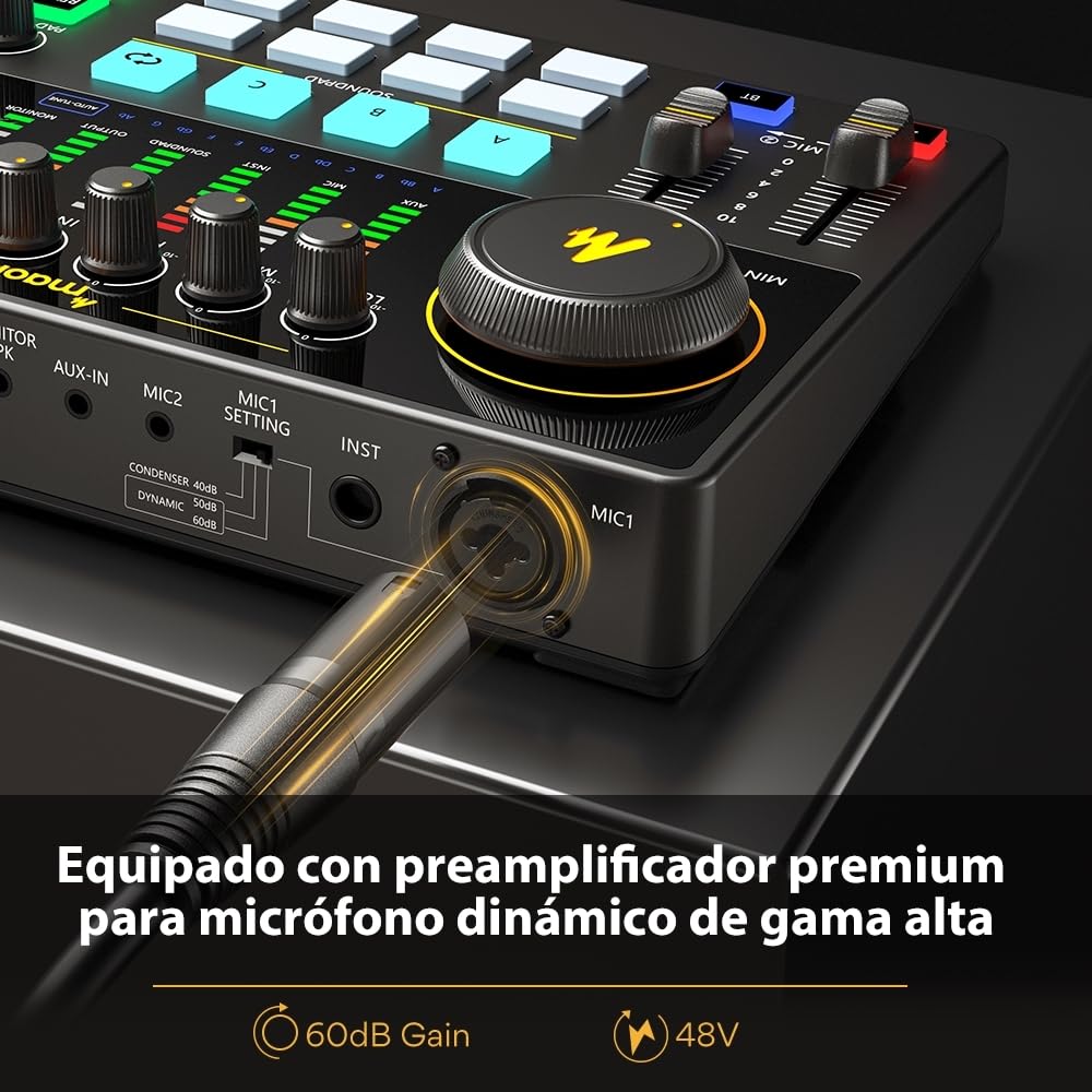 MAONO Mezcladora Interfaz de Audio con Micrófono Condensador XLR, Caster Podcast Studio Kit Todo en Uno para Grabación, Streaming, voz en off, Youtube, DJ, PC, Guitarra (AME2A)