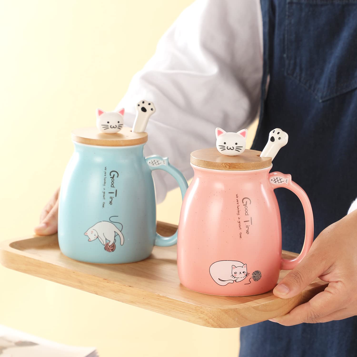 BigNoseDeer Taza de té Kawaii con infusor de gato lindo taza de café de cerámica, taza de té, color rosa, lindo, regalo para mujeres, amantes de los gatos, regalos de 13 onzas