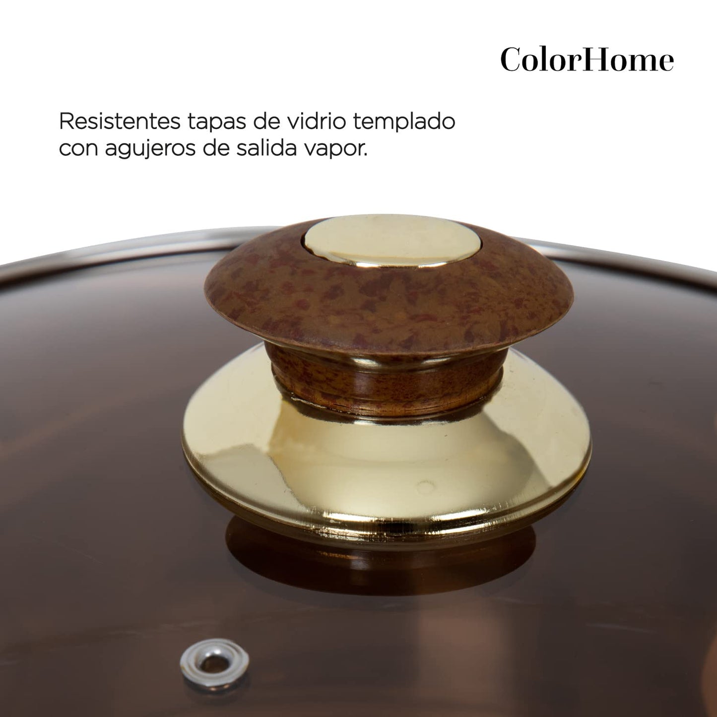 COLORHOME DESIGN | Batería de Cocina Acero Inoxidable - 11 Piezas – Triple Capa Y Tapas de Vidrio Templado – Mango de Baquelita Marrón - Juego de Caserolas de Cocina, Sartén, Teterá