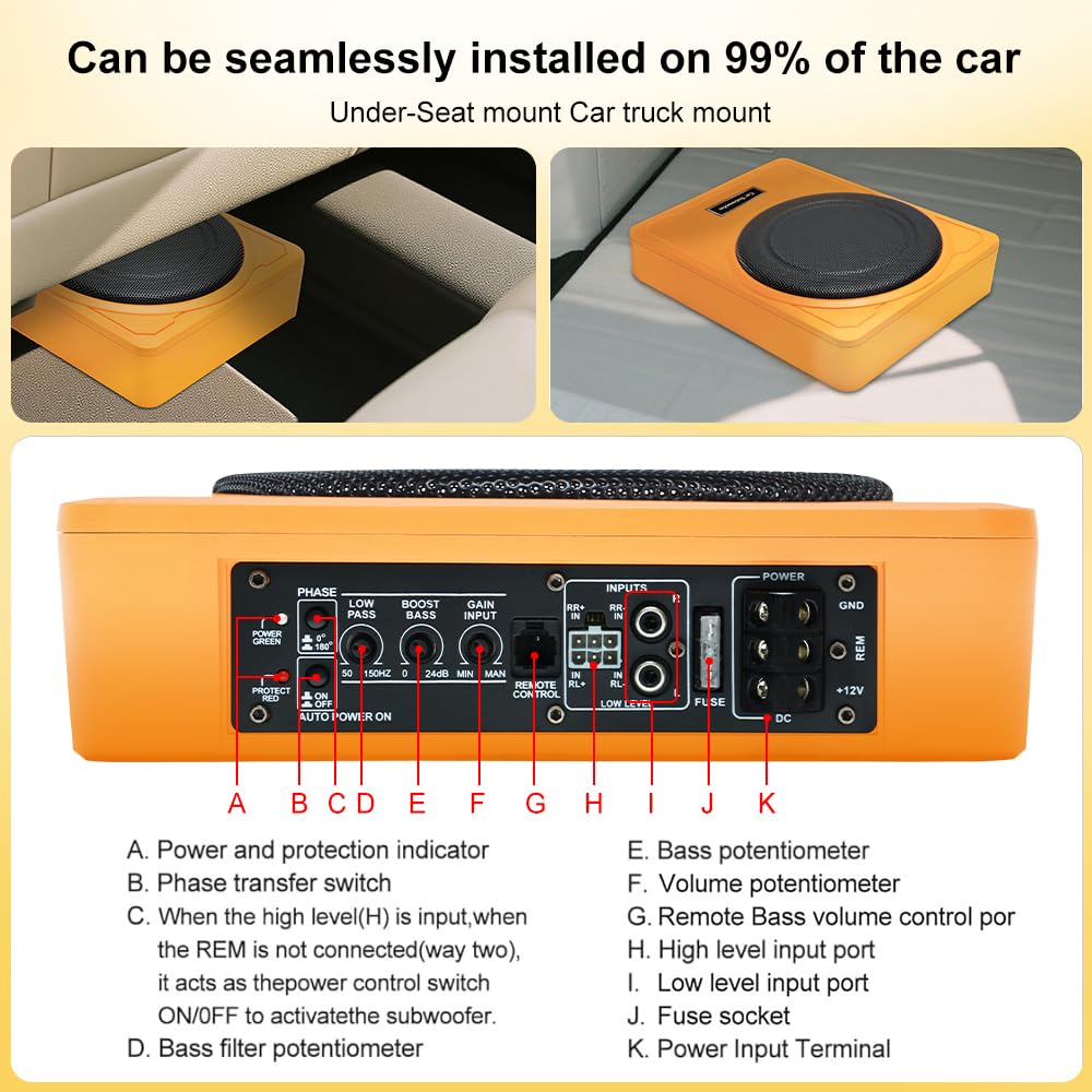 litillbuly Subwoofer de 10 pulgadas 1200 W naranja para coche, subwoofer delgado para debajo del asiento, entrada de nivel alto/bajo, subwoofer de audio para coche/camión, subwoofer incorporado