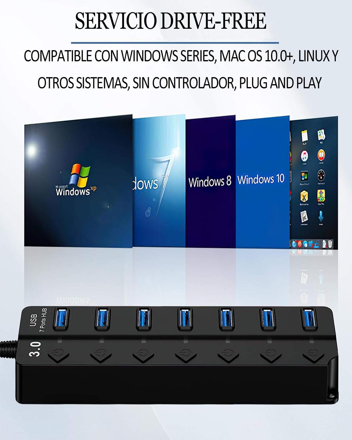 Hub USB 3.0, Multicontacto USB Splitter de 7 Puertos Independientes con LED e Interruptores, Conector Múltiple USB 3.0 5Gbps Adaptador de Aluminio 12V/2A para PC, Portátil, MacBook Pro/Air y Más
