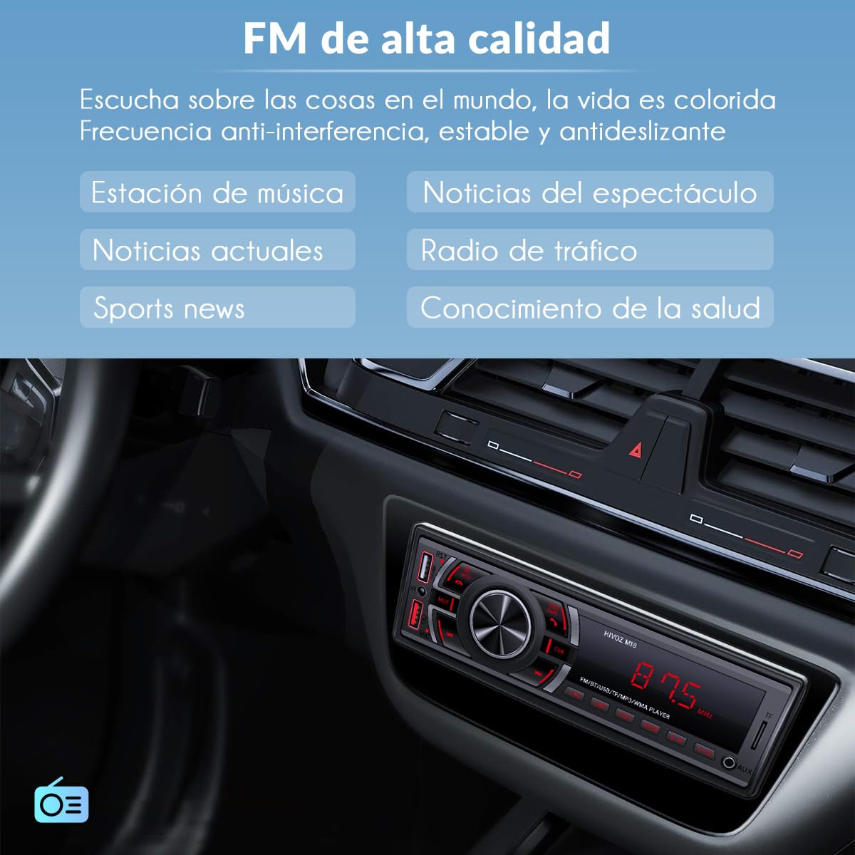HIMICAR Estereo para Automovil MP3, Autoestéreo Bluetooth Llamada Manos Libres, Control por Voz, Dual USB, Bluetooth, FM, AUX, TF, Disco U, Micrófono Incorporado + Controles del Volante