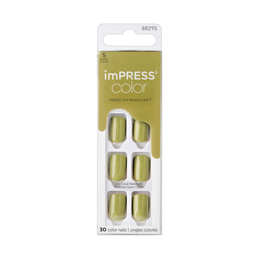 KISS Uñas postizas imPRESS Color No Glue Mani, 30 unidades, verde oliva, tamaño corto, forma ovalada, fácil aplicación, fácil de despegar y presionar, fácil de retirar, incluye herramientas esenciales