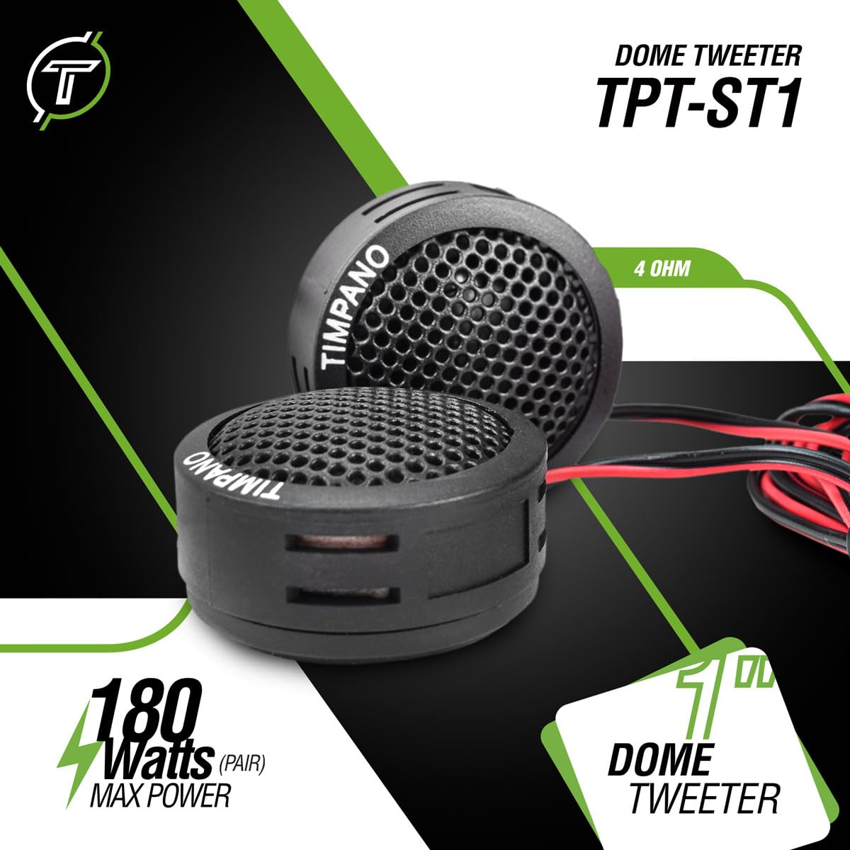Timpano TPT-ST1 - altavoz de agudos de cúpula TPT-ST1, juego de altavoz de agudos de 1 pulgada para audio de coche, ángulo o montaje en superficie, cúpula suave de 4 ohmios, 180 vatios para audio