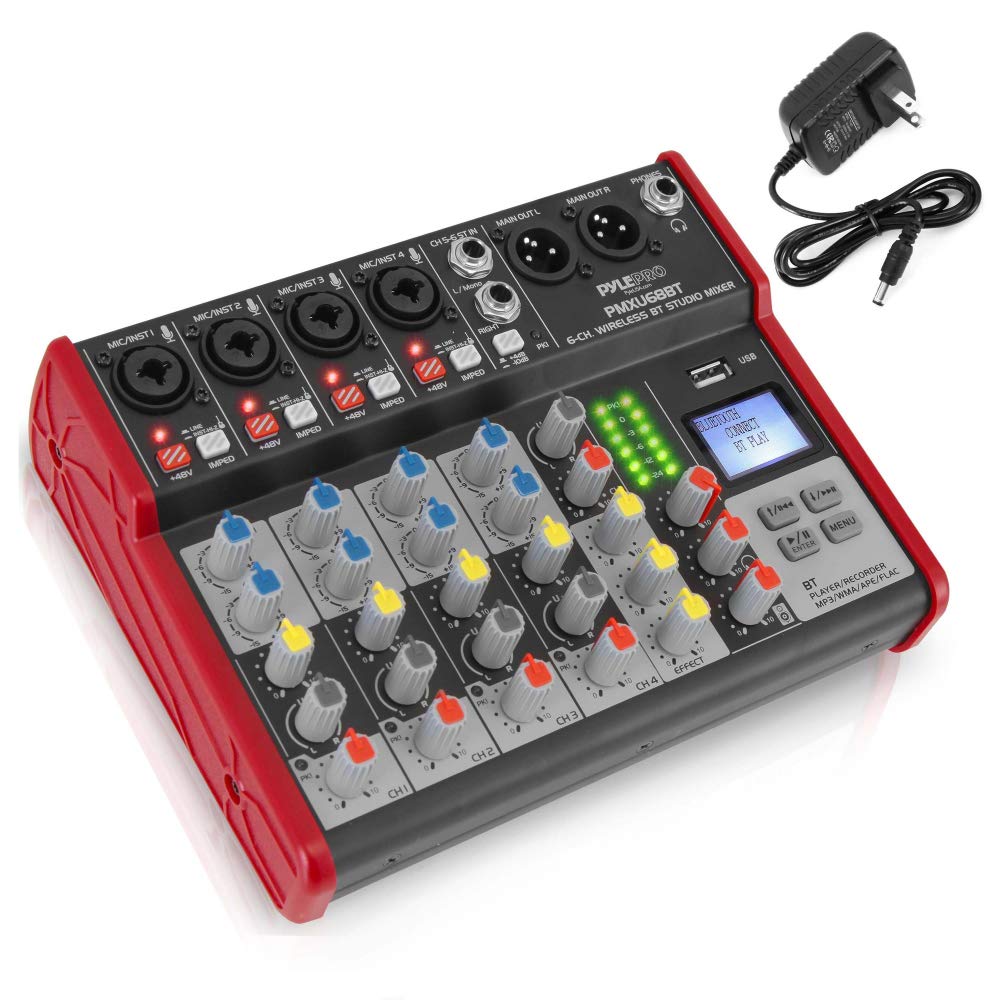 Consola Digital PYLE PylePro Rojo con Bluetooth y Mezclador USB de 6 Canales para Grabación de Estudio