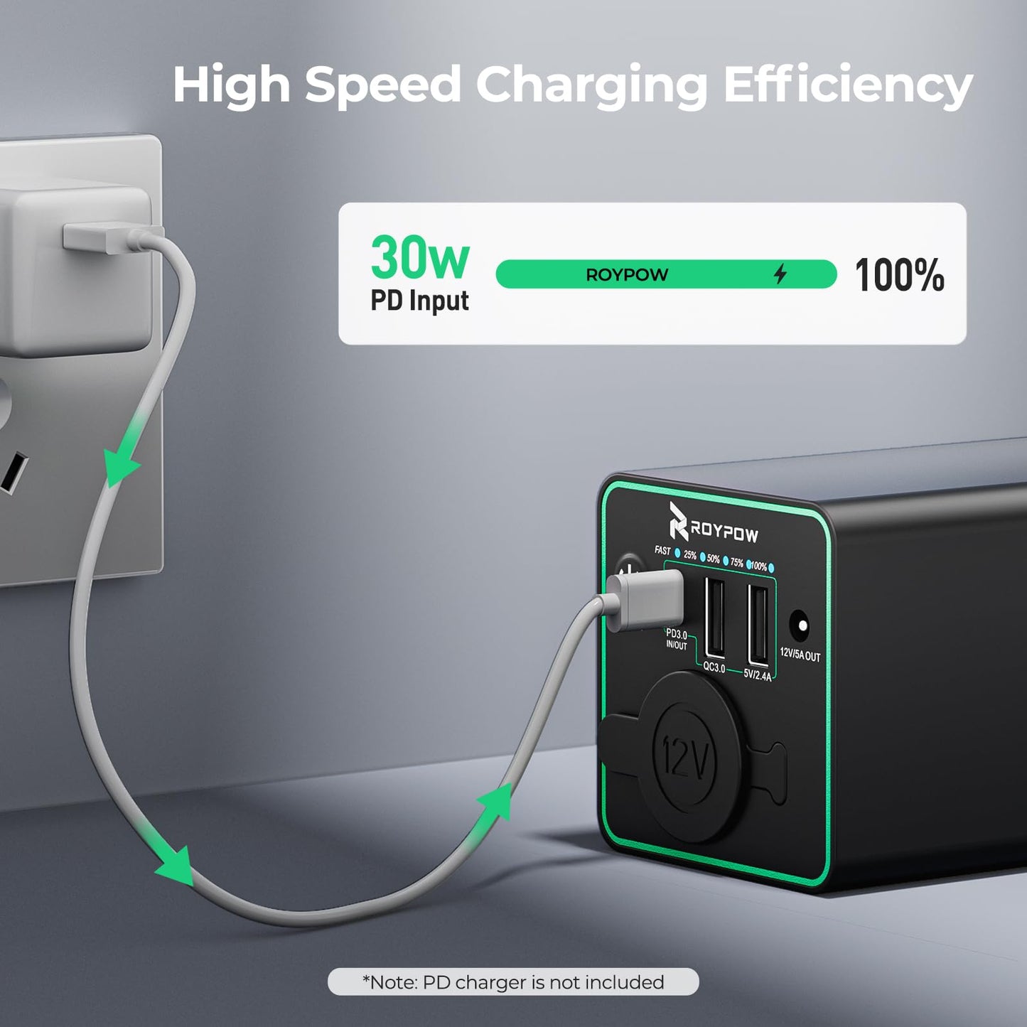 Banco de Energía RoyPow 30 W Negro con Enchufe de Encendedor de Cigarrillos y USB C para Portátil