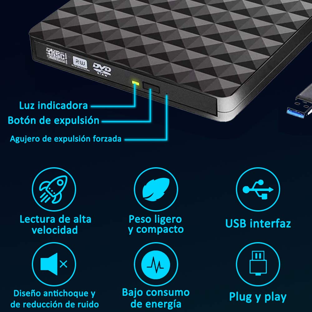 Grabadora CD/DVD Yostyle USB 3.0 Portátil CD/DVD-RW para Windows 2003 / Vista / XP / 7 / 8.1 / 10 / Mac OS