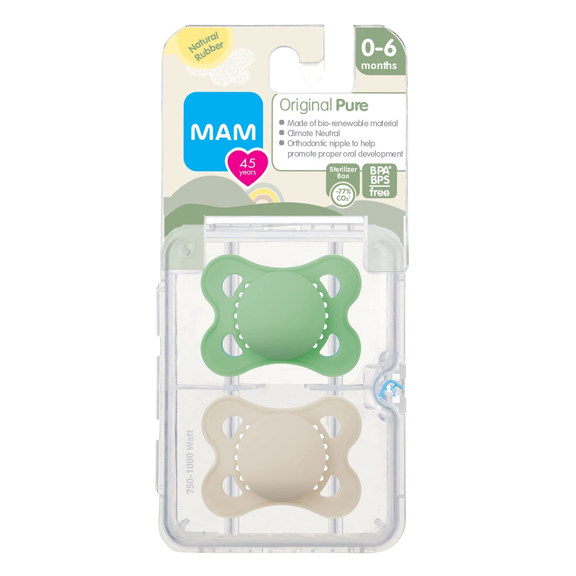 MAM - Chupetes de látex originales, chupete de 0 a 6 meses, pezón de goma natural, hecho de materiales bio-circulares, fácil de limpiar, con estuche esterilizador, 2 unidades