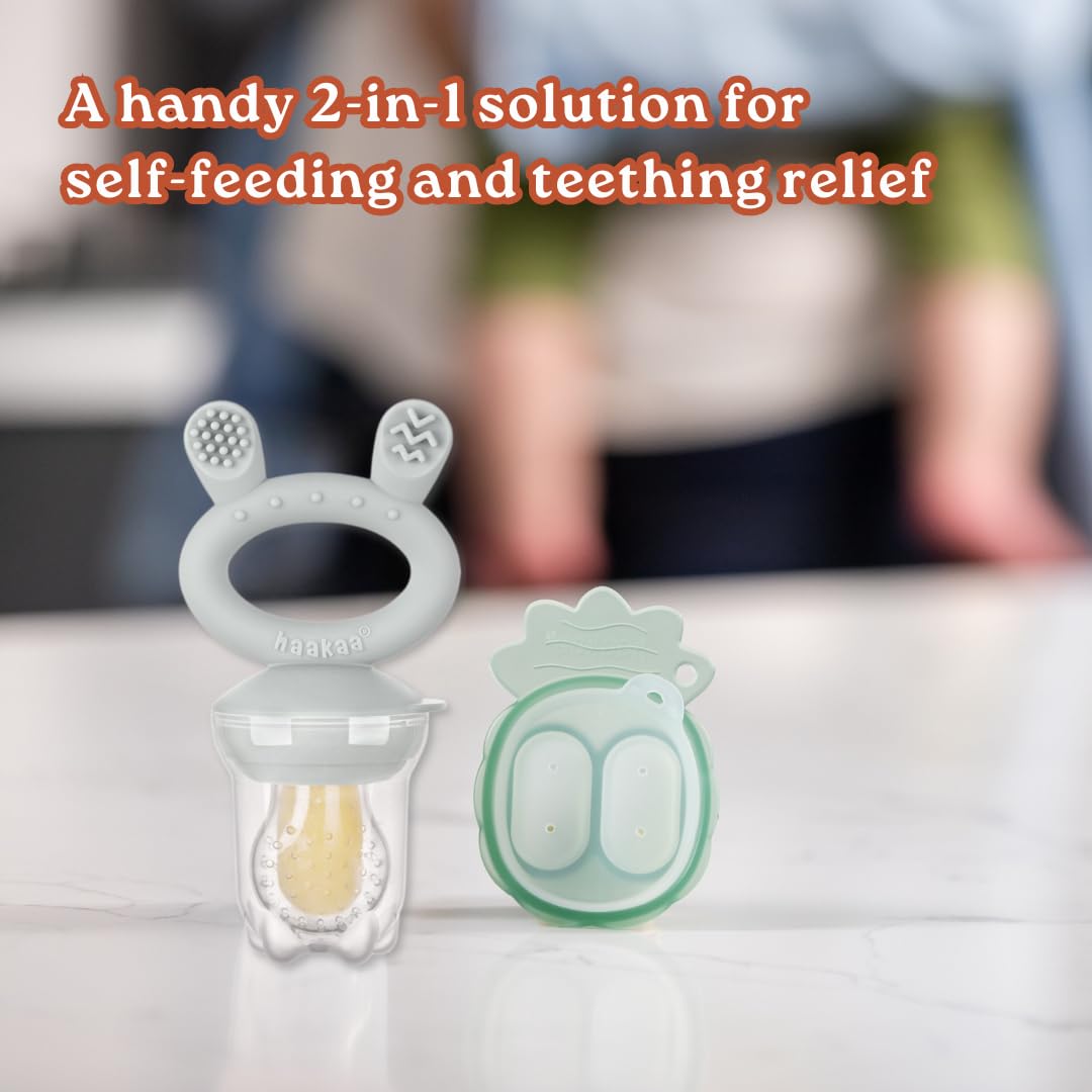 Haakaa Freeze-N-Feed Mini Combo con alimentador de alimentos de silicona y mini bandeja de silicona para picar | Alimentador de alimentos sólidos para bebés | Almacenamiento y alimentador de moldes