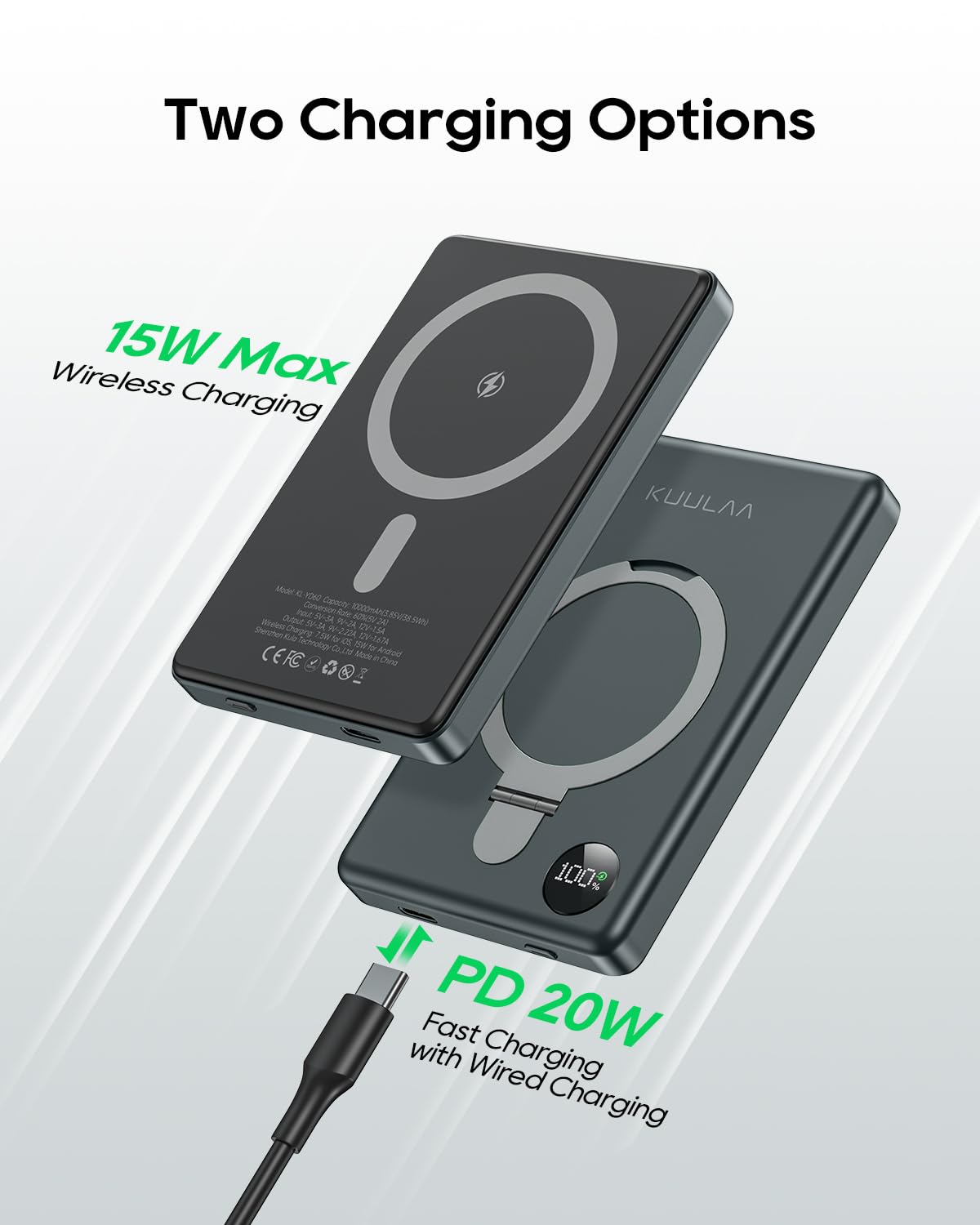 Kuulaa Power Bank 10000mAh, Batería Portátil Inalámbrica con Pantalla LED, Soporte Plegable, Carga Rápida PD 20W USB-C, Compatible con iPhone 16/15/14/13/12/Pro/Mini/Pro MAX (Gris)