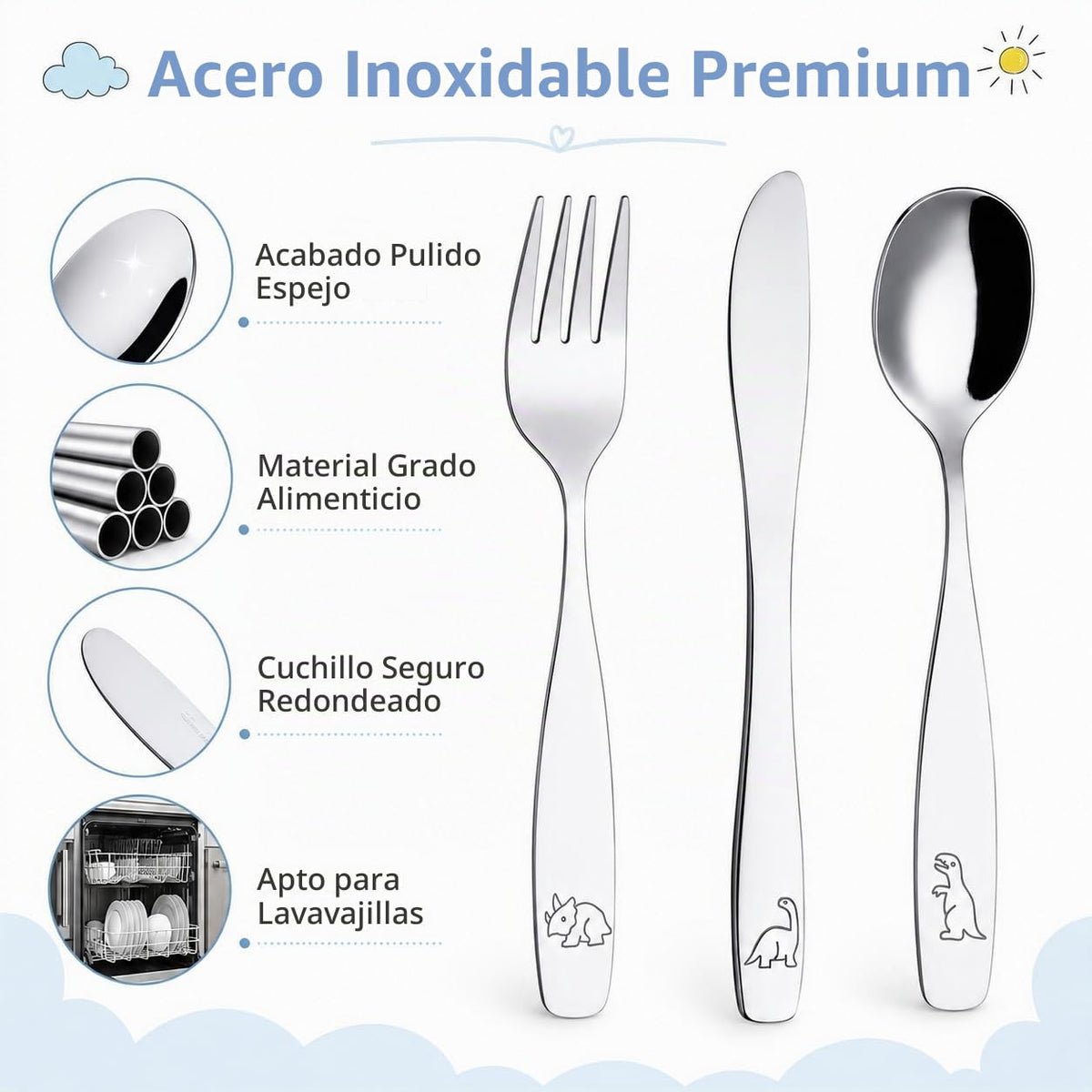 Exzact Cubiertos para niños 6 piezas - Cubiertos de acero inoxidable