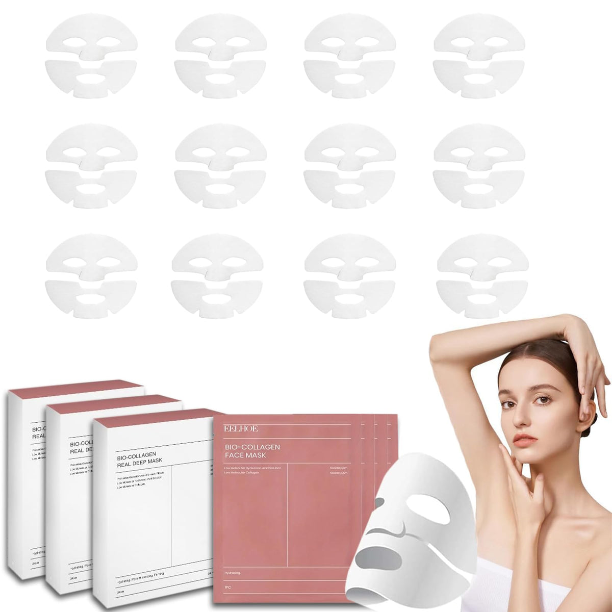 UEBSDVA 16 Piezas Collagen Real deep Mask, Mascarilla de Biocolageno, Mascarillas de Colageno, Reduce los Poros, Mejora la Elasticidad, Las Arrugas y Hidratación profunda