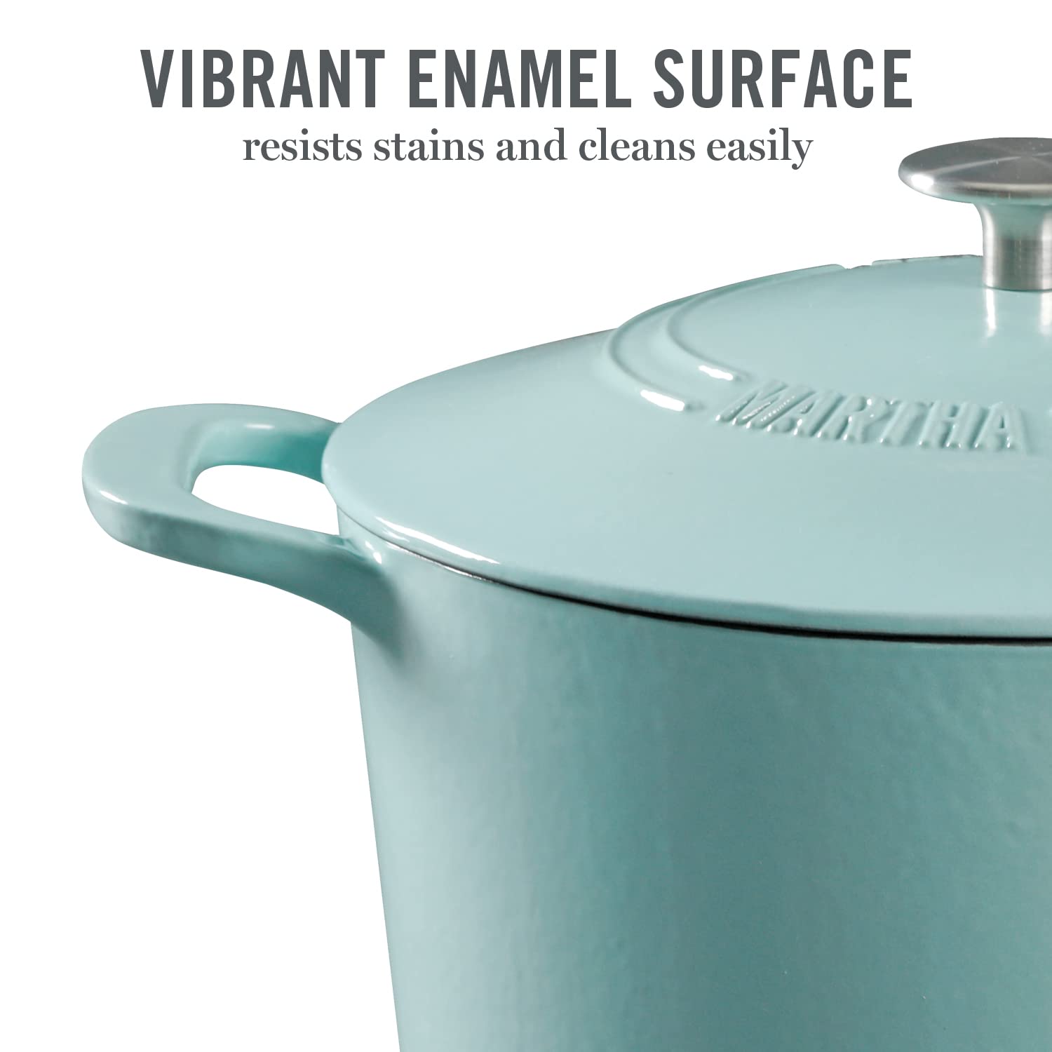 MARTHA STEWART Gatwick - Olla para horno holandesa de hierro fundido esmaltado de 7 cuartos con tapa, color azul Martha