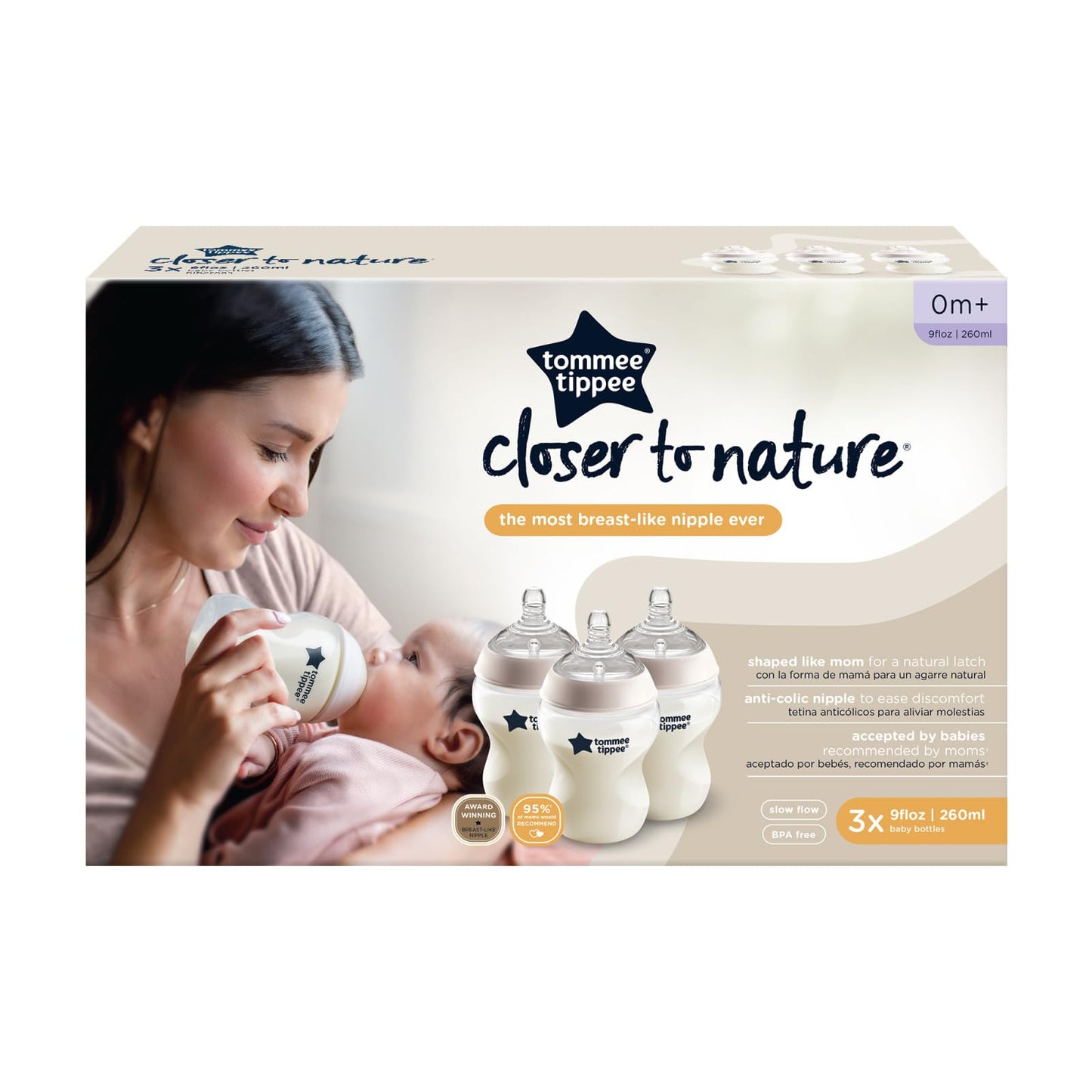Tommee Tippee Closer to Nature Baby Bottle Anti-Colic Valve, Breast-Like Nipple for Natural Latch, BPA-Free - Slow Flow, 9 Ounce, 3 Count