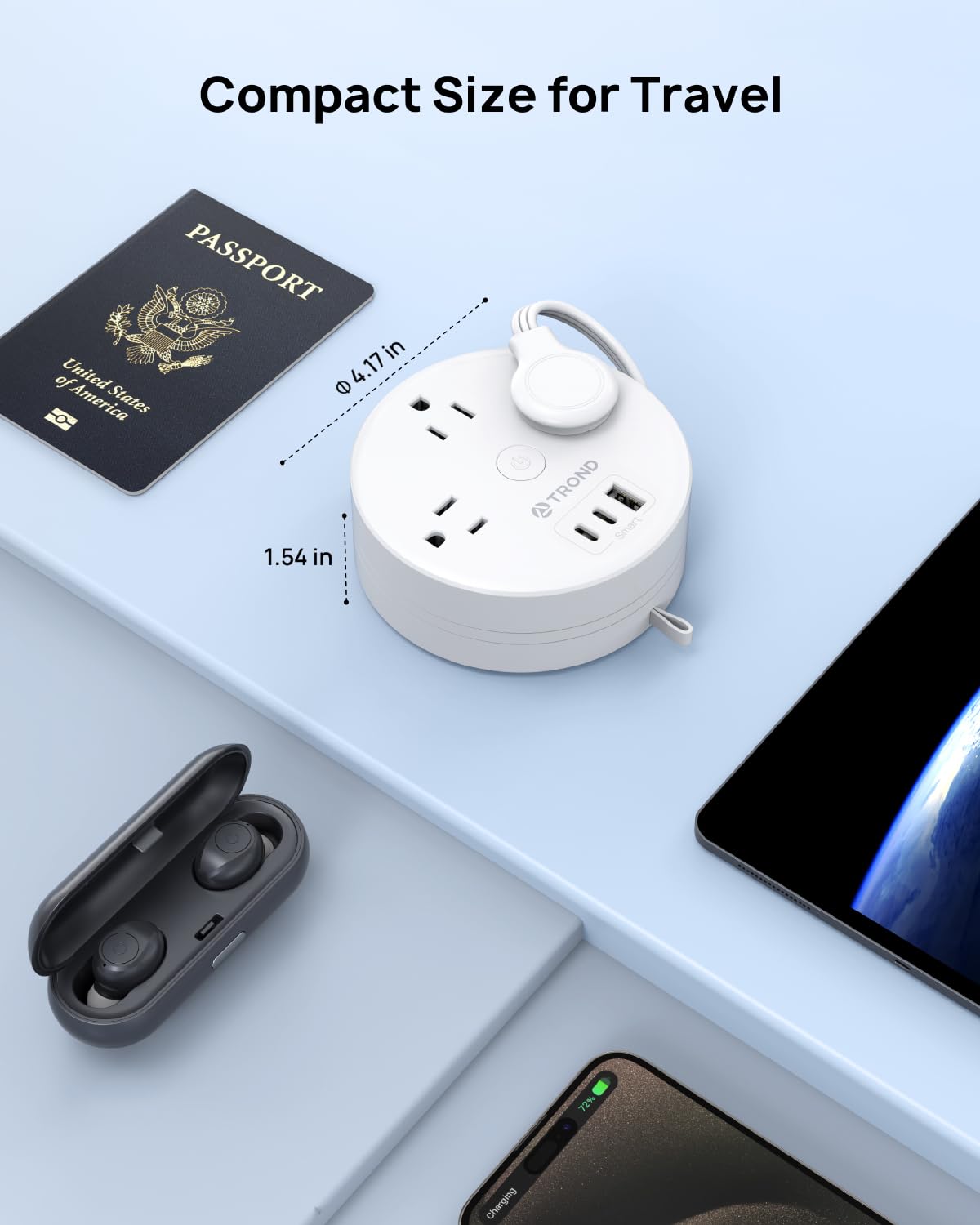 TROND Regleta de Viaje retráctil, Cable de Extensión Retráctil Enchufe Plano Ultrafino de 1.5 m, Regleta de Alimentación Retráctil con 3 Tomas de CA 3 USB(2 USB C), Elementos Esenciales para Cruceros
