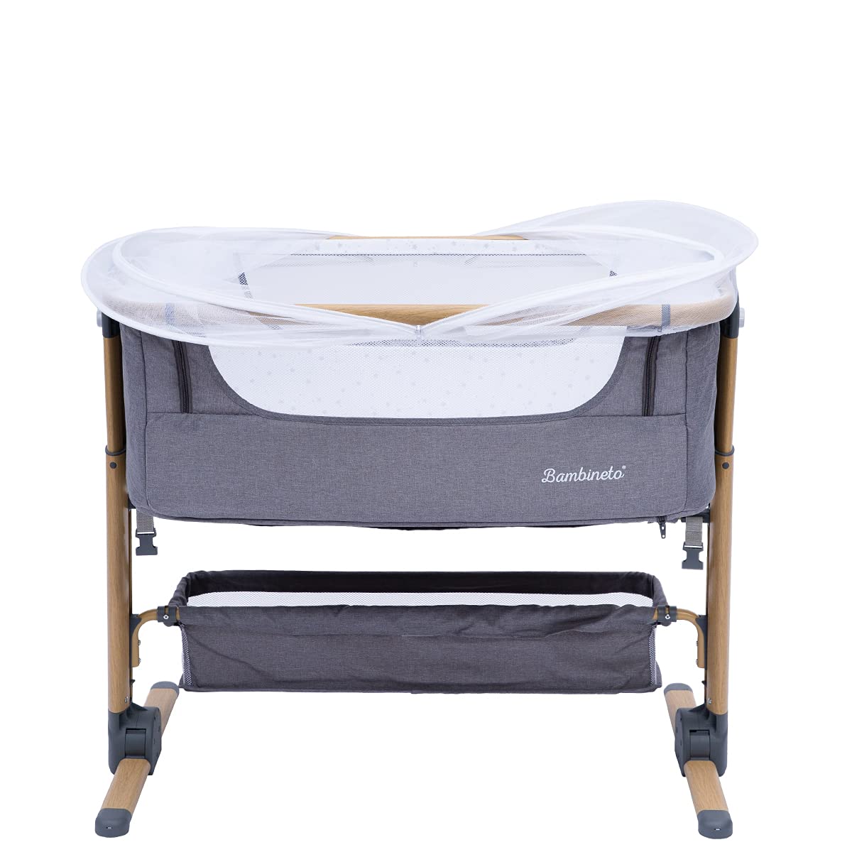 BAMBINETO Cuna Colecho Moisés para bebé Rame, mosquitero, colchón, Plegable, Maleta de Viaje. Gris