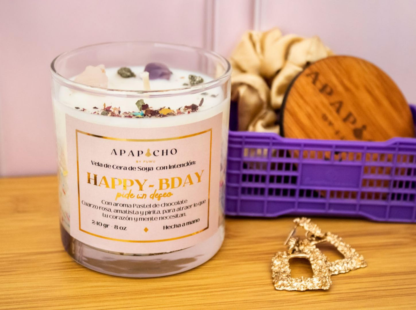 Fuwu, velas aromaticas relajantes Happy Birthday cera de soya con cuarzos naturales, velas decorativas hechas a mano con hierbas, aromatizantes para hogar, regalos de cumpleaños (Pastel de chocolate)