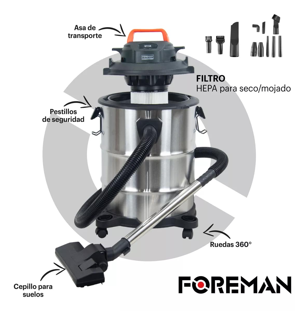 Foreman Aspiradora De Mano Industrial Capacidad 35L Sólidos y Líquidos Aspiradora | 2200W | Seco y Húmedo y Accesorios | Acero Inoxidable
