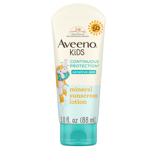 Aveeno Kids Continuous Protection Zinc Oxide Mineral Sunscreen Lotion for Children's Sensitive Skin with Broad Spectrum SPF 50, Tear-Free, Sweat- & Water-Resistant, 3 fl. oz