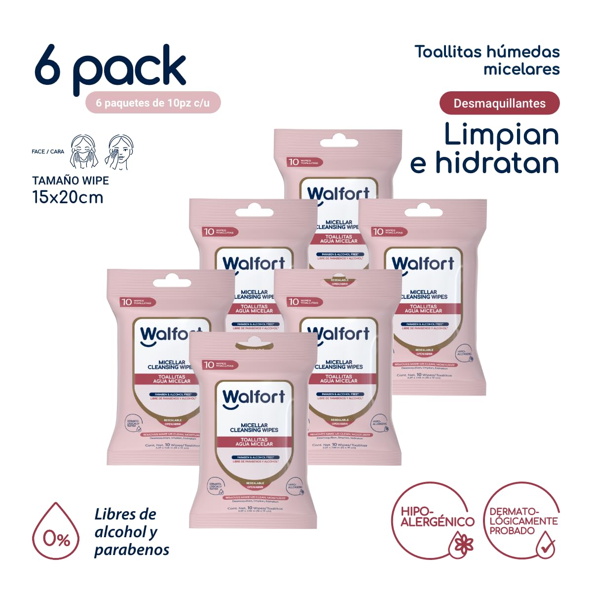 Walfort | Toallas Desmaquillantes con Agua Micelar, Limpieza Facial 3 en 1: Limpian, Desmaquillan e Hidratan (6 pack de 10 Piezas)
