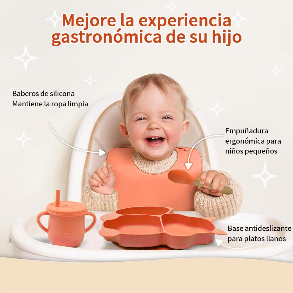 FINYQBET Platos Para Bebés De Silicona Con Tazón Cuchara Tenedor Babe,Set de 8 Piezas para Bebés,Plato para Bebe con Ventosas, Ajustable,NARANJA