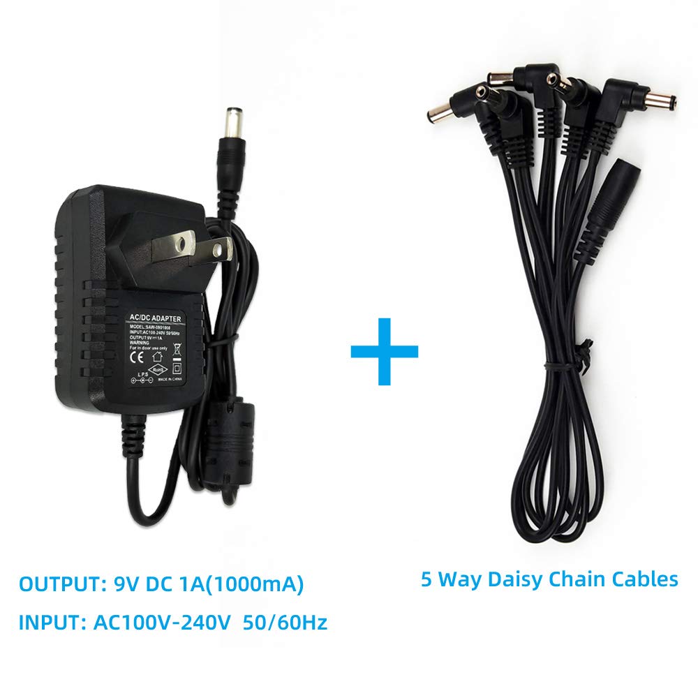 Adaptador de Suministro de Energía Pigtone 9V DC 1A Negro con Cables de Cadena Tipo Margarita para Pedales de Efecto de Guitarra