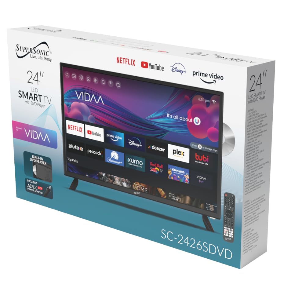 Televisor LED Smart VIDAA Supersonic 24 Pulgadas con Reproductor de DVD Incorporado